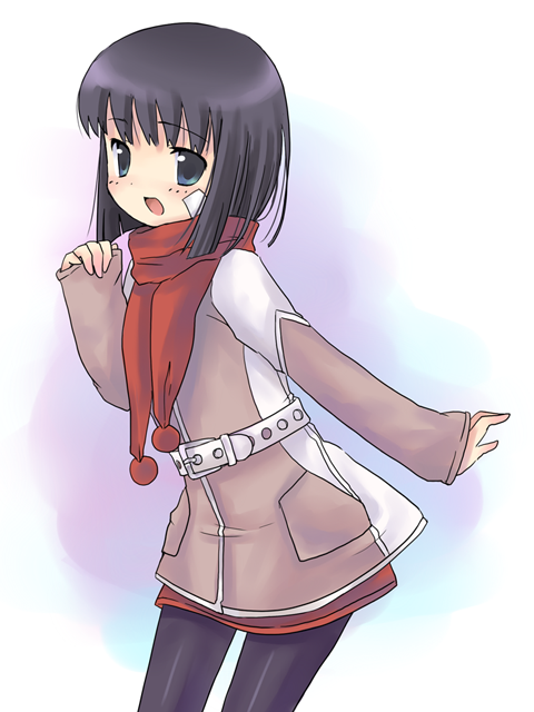 emurin, teu (navy), bad id, bad pixiv id, 1girl, bandaid, bandaid on face, black hair, blush, female focus, green eyes, latex, pantyhose, scarf, short hair, solo
