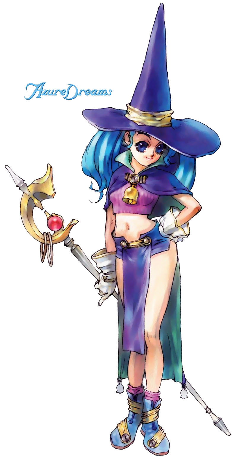selfi rode, azure dreams, konami, other life: azure dreams, highres, official art, scan, 1girl, blue eyes, blue hair, capelet, female focus, gloves, hand on own hip, hat, loincloth, matching hair/eyes, midriff, navel, short shorts, shorts, solo, staff, white gloves, witch hat