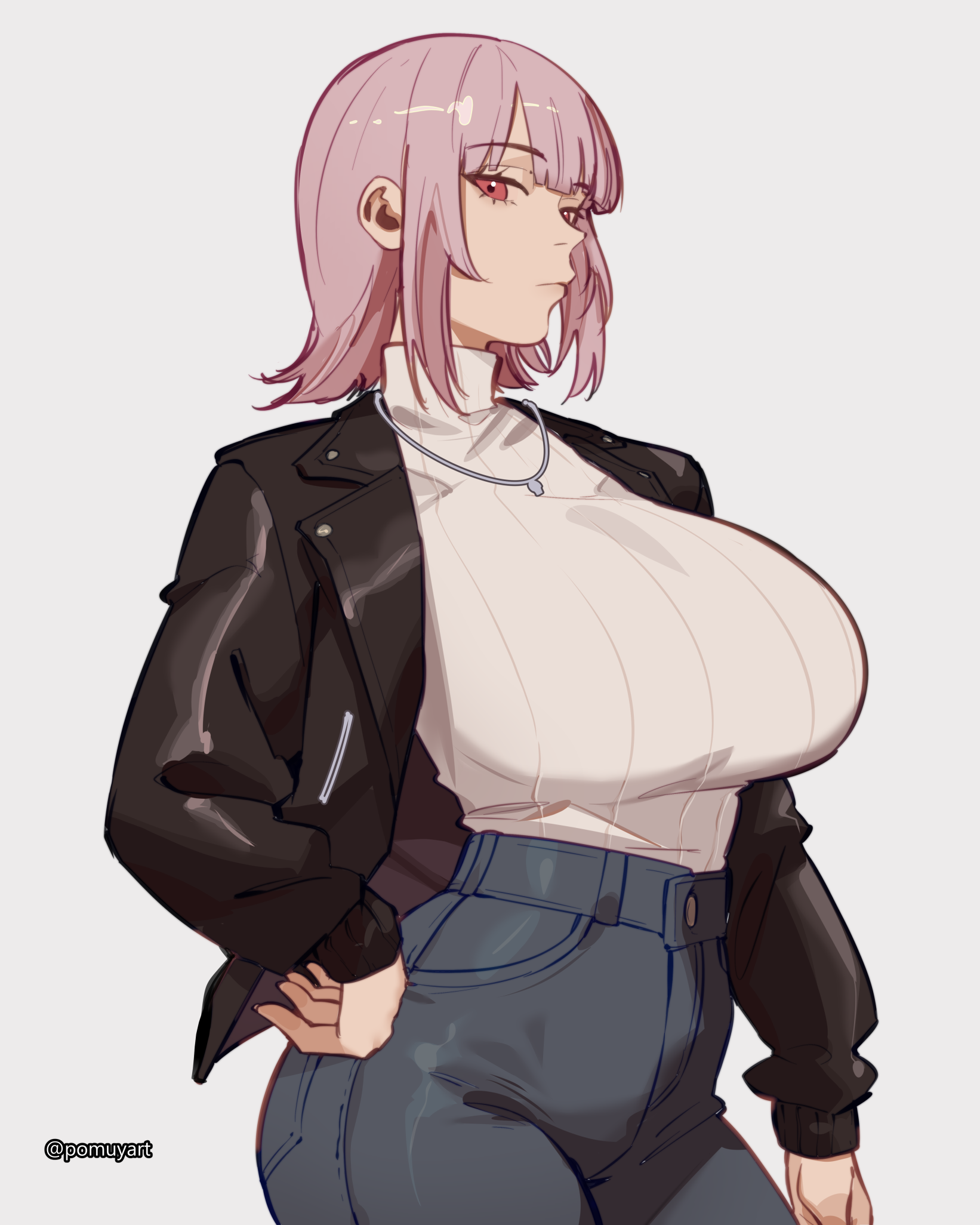 pomuya, mori calliope, hololive, hololive english, commentary, english commentary, highres, 1girl, alternate costume, alternate hairstyle, black jacket, blue pants, blunt bangs, breasts, closed mouth, denim, hand on own hip, high-waist pants, huge breasts, jacket, jeans, jewelry, lapels, leather, leather jacket, looking at viewer, necklace, notched lapels, pants, pink hair, ribbed sweater, short hair, simple background, solo, sweater, sweater tucked in, turtleneck, turtleneck sweater, white background, white sweater