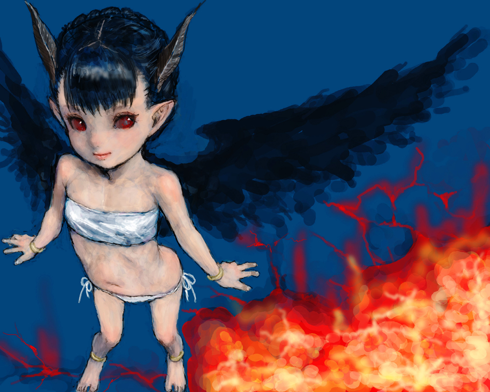 ponsuke (pon00000), bad id, bad pixiv id, 1girl, bandeau, bandeau bikini, barefoot, black wings, blue hair, female focus, fire, flat chest, horns, monster girl, panties, red eyes, short hair, side-tie panties, solo, strapless, tube top, underwear, wings