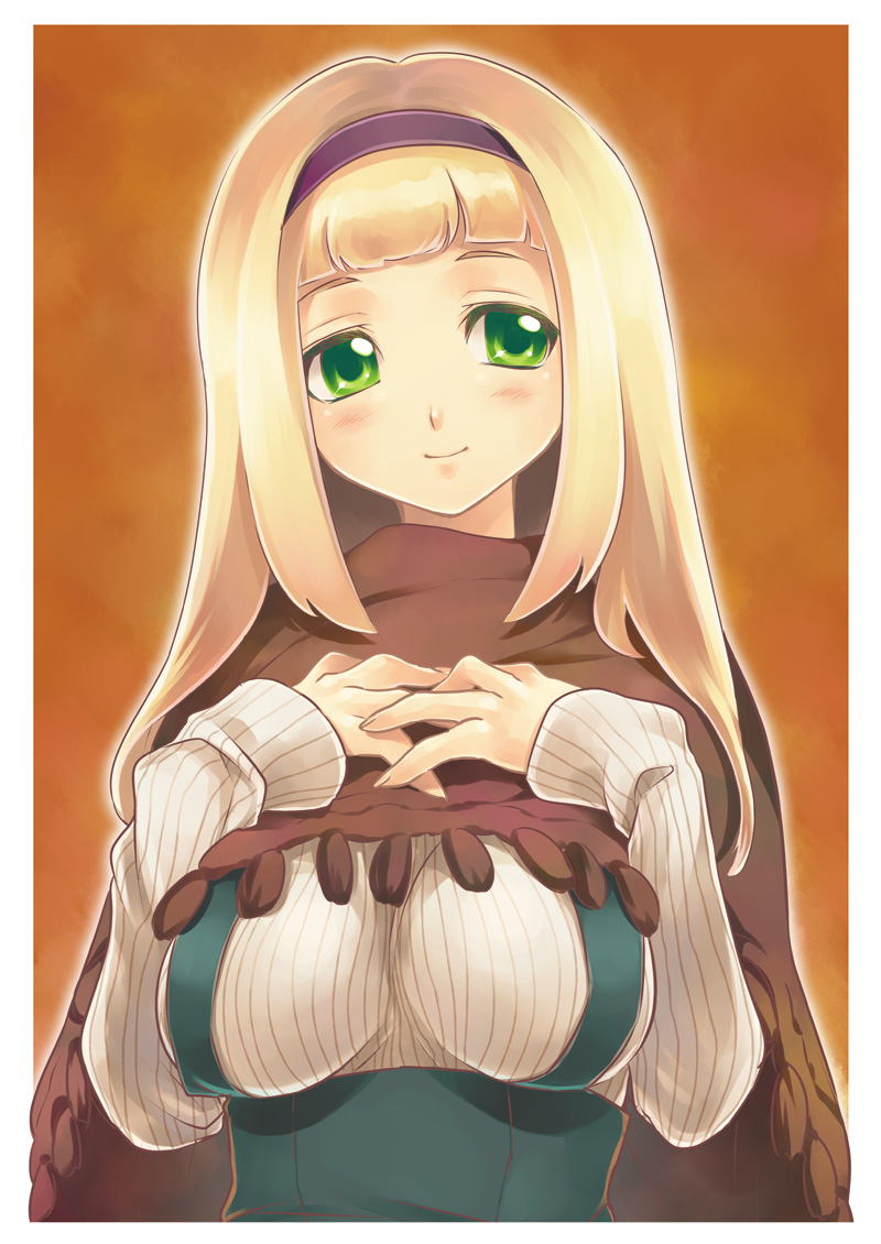 kayou (kayou-bi), original, 1girl, blonde hair, breasts, cape, female focus, green eyes, hairband, large breasts, long hair, smile, solo, sweater