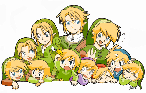 ponky, ezlo, link, toon link, young link, nintendo, the legend of zelda, the legend of zelda: a link to the past, the legend of zelda: four swords, the legend of zelda: link's awakening, the legend of zelda: majora's mask, the legend of zelda: ocarina of time, the legend of zelda: the minish cap, the legend of zelda: the wind waker, the legend of zelda: twilight princess, lowres, 6+boys, blonde hair, blue eyes, everyone, hat, male focus, multiple boys, pointy ears, smile, time paradox