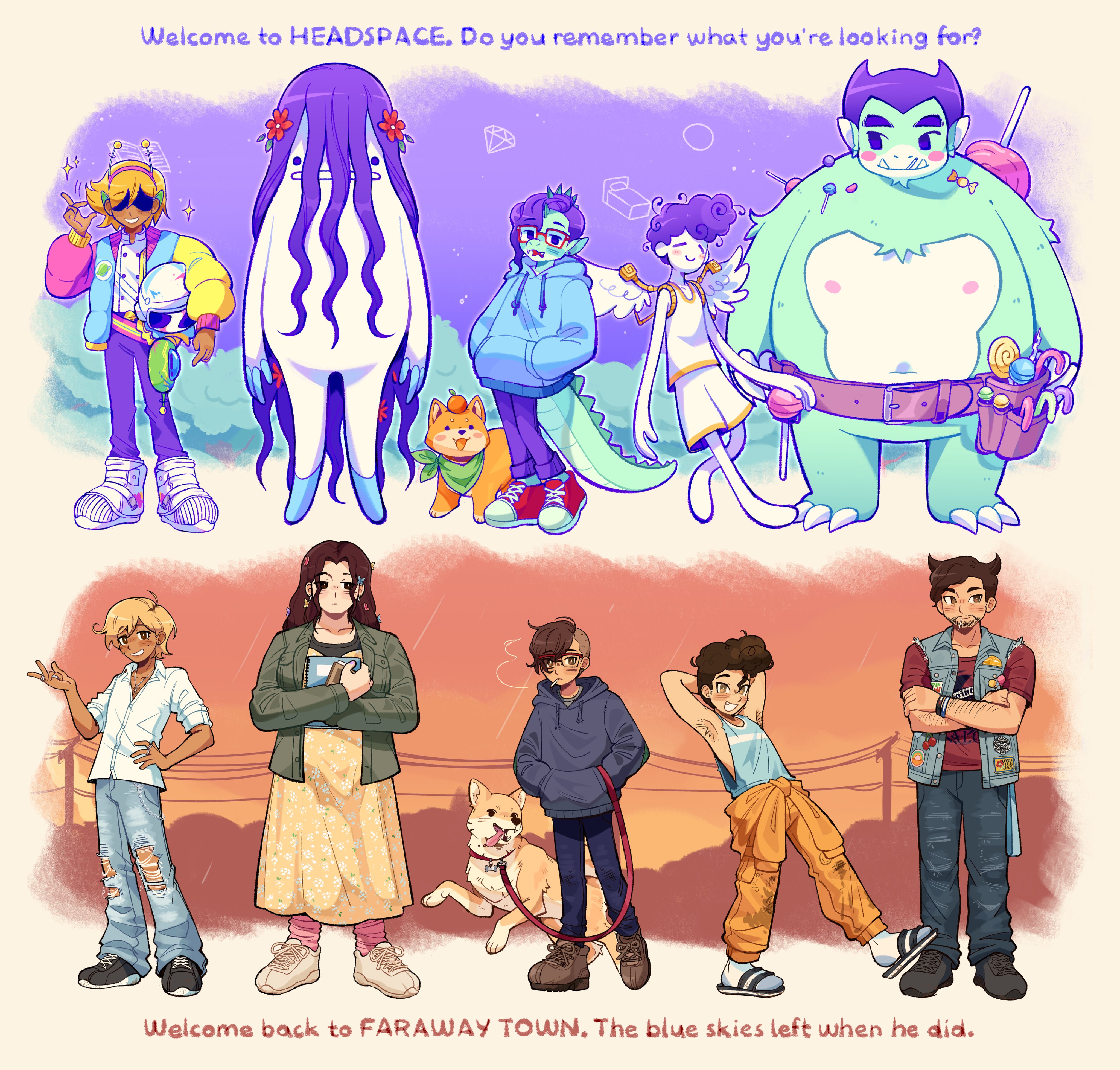 zipsunz, angel (omori), berly (omori), charlene (omori), hector (omori), kim (omori), mikhael (omori), van (omori), vance (omori), omori, absurdres, commentary, english commentary, highres, 4girls, 6+boys, :d, absurdly long hair, ahoge, alternate universe, animal, ankle boots, arm hair, armpit hair, armpits, arms at sides, arms behind head, asymmetrical hair, bandana, bandana around neck, bare arms, bare shoulders, barefoot, beard, belt, black pants, black sandals, black shoes, blonde hair, blue hoodie, blue jacket, blue pants, blue tank top, blush stickers, book, boots, border, breasts, bright pupils, brother and sister, brown belt, brown hair, brown shoes, bush, buttons, candy, candy cane, closed mouth, collared jacket, collared shirt, colored skin, crossed arms, dark-skinned female, dark-skinned male, dark skin, denim, denim jacket, dinosaur boy, dinosaur girl, dog, double-breasted, drawstring, dress, dual persona, english text, facial hair, flat chest, floral print, floral print dress, flower, food, fruit, full body, glasses, green bandana, green jacket, green skin, grey shirt, grin, hair flower, hair ornament, hairband, hand on own hip, hands in pockets, holding, holding book, holding candy, holding food, holding leash, holding lollipop, hood, hood down, hoodie, hugging book, hugging object, jacket, jeans, large breasts, leash, lollipop, long dress, long hair, long sleeves, looking at viewer, looking to the side, mikal (omori), mole, mole under eye, mouth hold, multiple boys, multiple girls, open clothes, open jacket, open mouth, orange (fruit), orange pants, orange sky, outline, pants, pink hairband, pink socks, plump, power lines, print dress, puffy long sleeves, puffy sleeves, purple hair, purple pants, purple sky, rectangular eyewear, red-framed eyewear, red flower, red shirt, red shoes, sandals, shaded face, sharleen (omori), shirt, shoelaces, shoes, short hair, short sleeves, shorts, siblings, sidecut, sideways glance, simple background, sky, sleeveless, sleeveless jacket, smile, socks, solid circle eyes, sparkle, standing, standing on one leg, swirl lollipop, tail, tank top, tomboy, torn clothes, torn jeans, torn pants, tusks, undercut, utility pole, very long hair, very short hair, white boots, white jacket, white outline, white pupils, white shirt, white shoes, white shorts, white skin, white socks, white tank top, white wings, wings, wrapped candy, yellow border, yellow dress, yellow trim