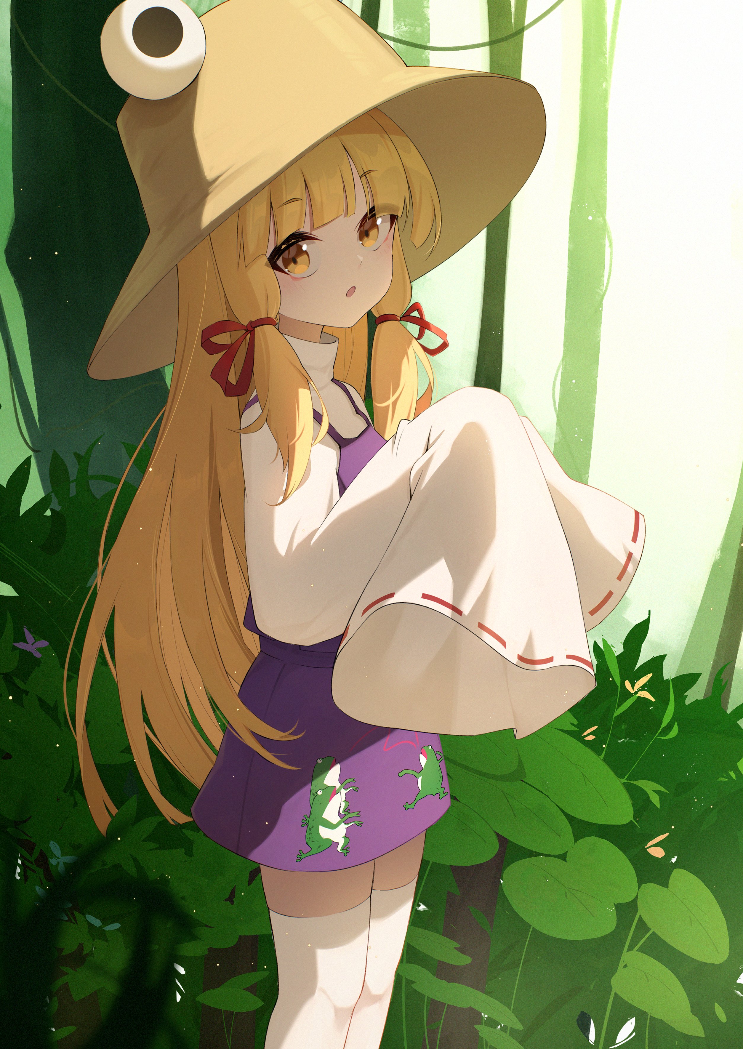 oeyama, moriya suwako, touhou, absurdres, highres, blonde hair, dress, forest, frog hat, hat, long hair, nature, outdoors, purple skirt, ribbon, skirt, standing, thighhighs, white sleeves, yellow eyes