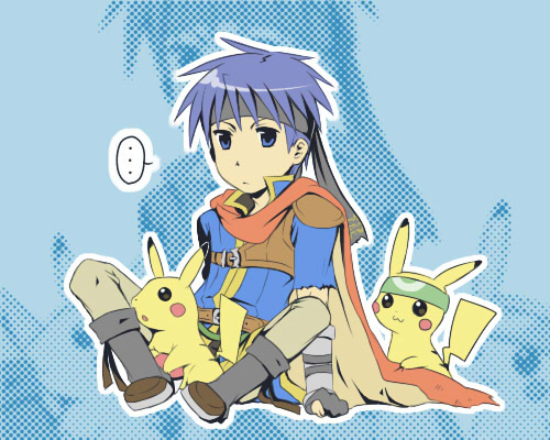 ike (fire emblem), pikachu, fire emblem, fire emblem: path of radiance, nintendo, pokemon, super smash bros., lowres, …, 1boy, alternate costume, belt, blue eyes, blue hair, cape, gen 1 pokemon, gloves, headband, male focus, matching hair/eyes, pokemon (creature), speech bubble, spoken ellipsis, tail