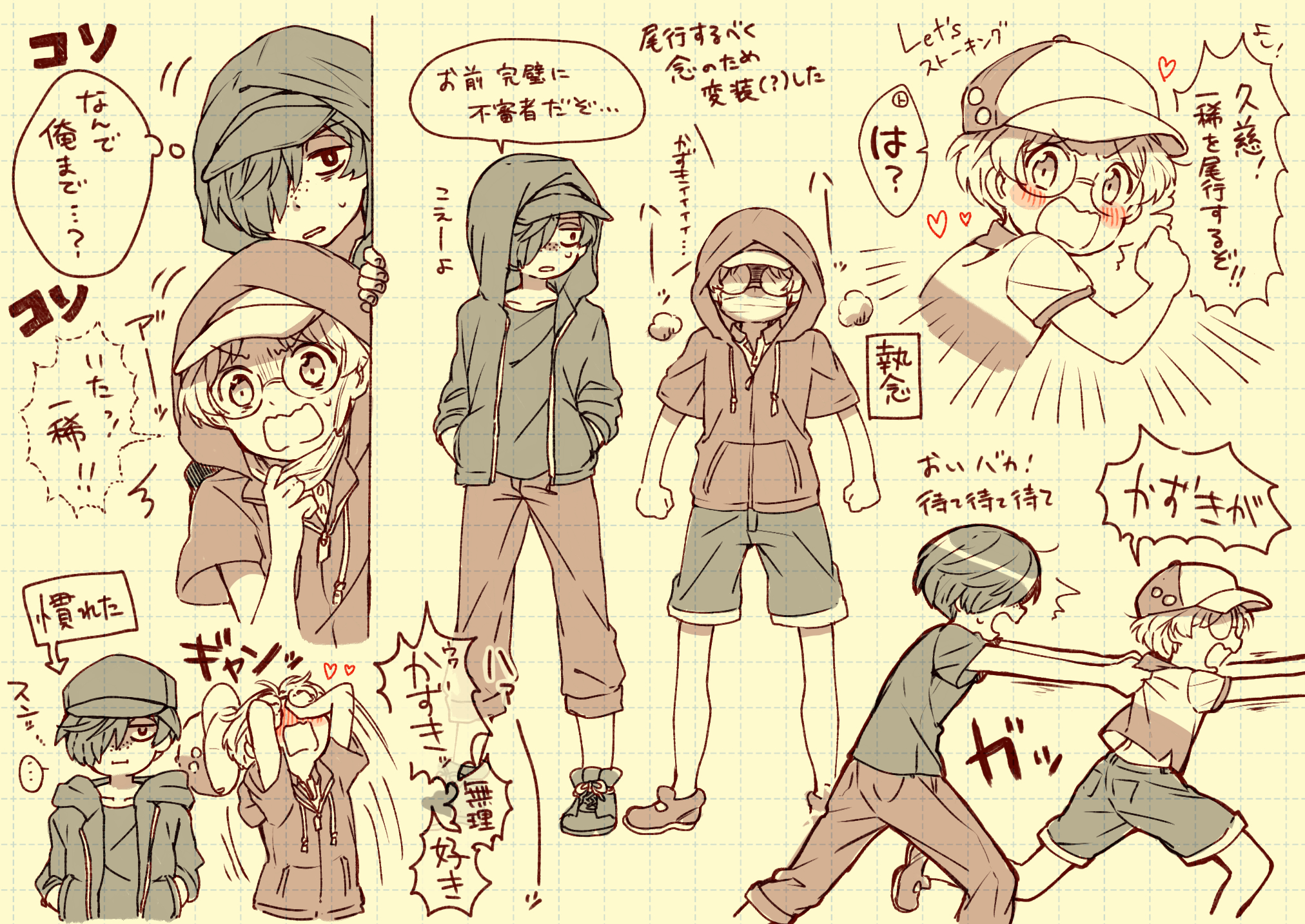 aoya (ayoyame18), jinnai enta, kuji toi, sarazanmai, commentary request, highres, 2boys, baseball cap, drawstring, emphasis lines, freckles, glasses, grid, hands in pockets, hat, hood, hood up, hug, looking at another, male focus, monochrome, multiple boys, multiple views, open mouth, pants, peeking, pulling, round eyewear, short hair, shorts, shouting, speech bubble, thought bubble