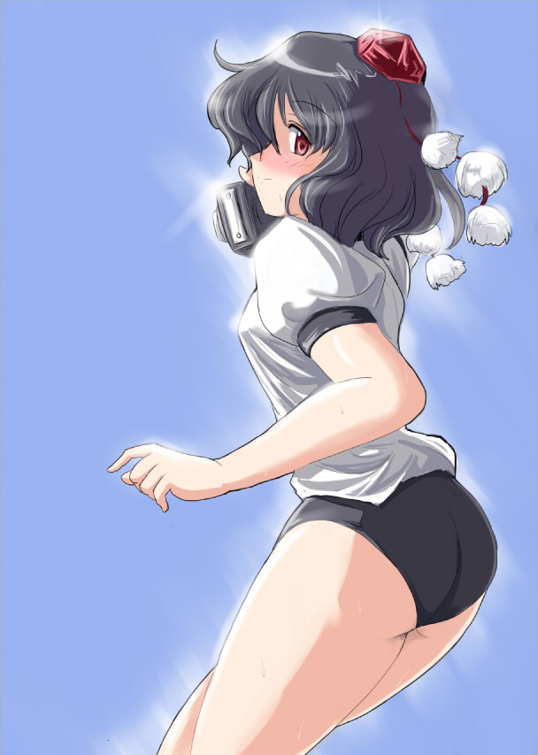 flx, shameimaru aya, touhou, 1girl, alternate costume, blush, buruma, camera, female focus, gym uniform, hat, looking at viewer, solo