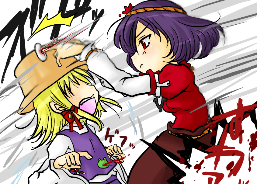 moriya suwako, pyonta, yasaka kanako, touhou, 2girls, blonde hair, blood, blood from mouth, eye poke, eyepoke, female focus, hat, multiple girls, poking, purple hair, red eyes