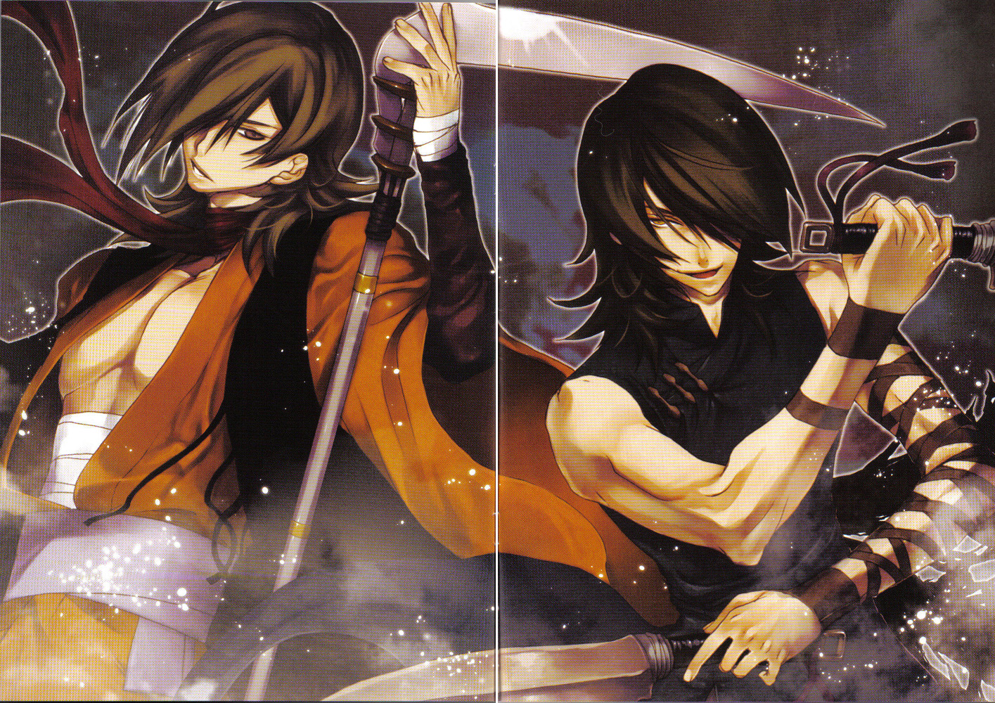 allelujah haptism, hallelujah haptism, gundam, gundam 00, 00s, 2boys, armlet, black hair, brown hair, hair over one eye, japanese clothes, jewelry, long sleeves, looking at viewer, male focus, multiple boys, muscular, obi, sash, scythe, sleeveless, upper body, wristband