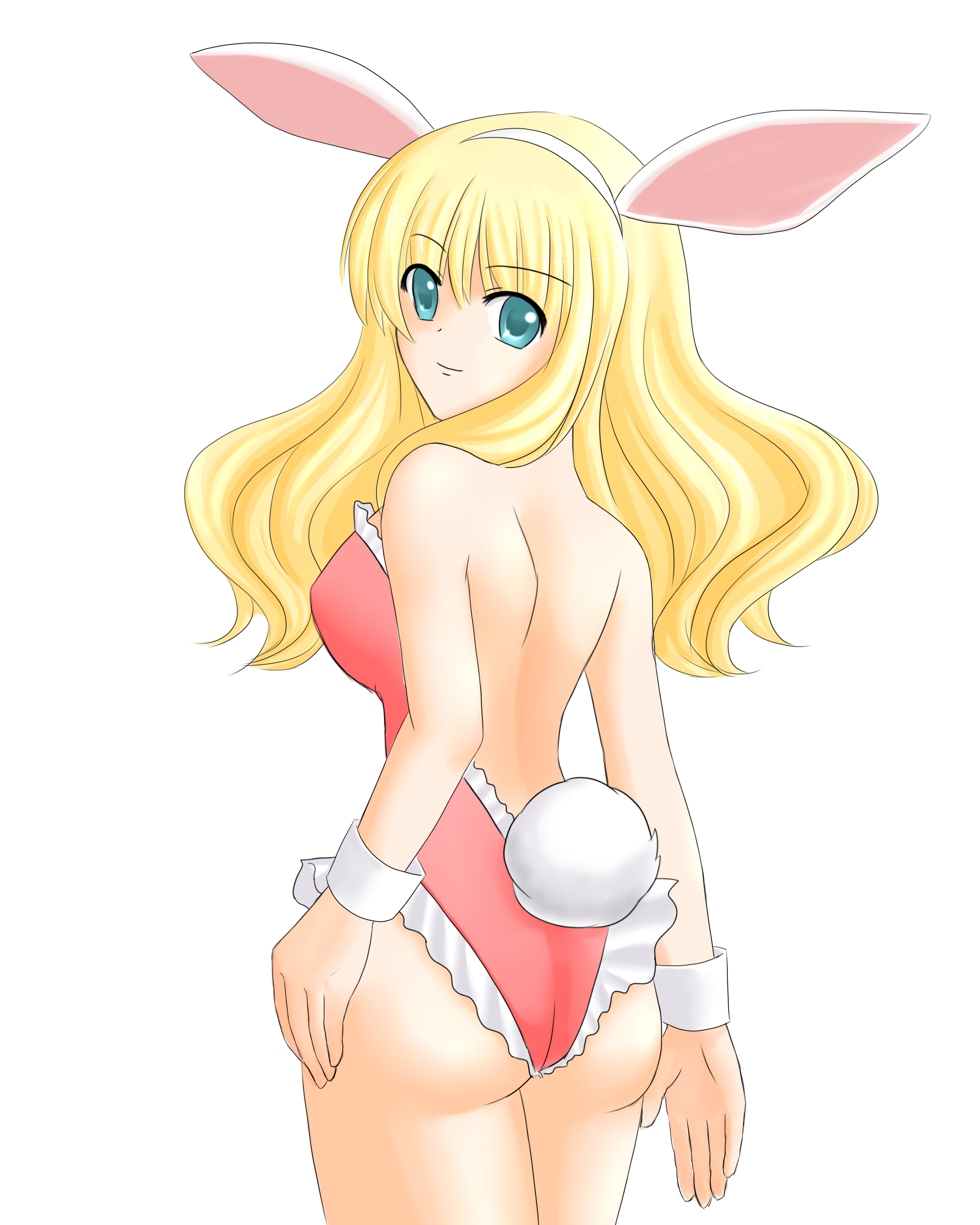 omochi, omochi (oekaki-san), original, absurdres, highres, 1girl, animal ears, ass, back, bare legs, blonde hair, blue eyes, fake animal ears, female focus, long hair, looking at viewer, looking back, playboy bunny, rabbit ears, rabbit tail, solo, wrist cuffs