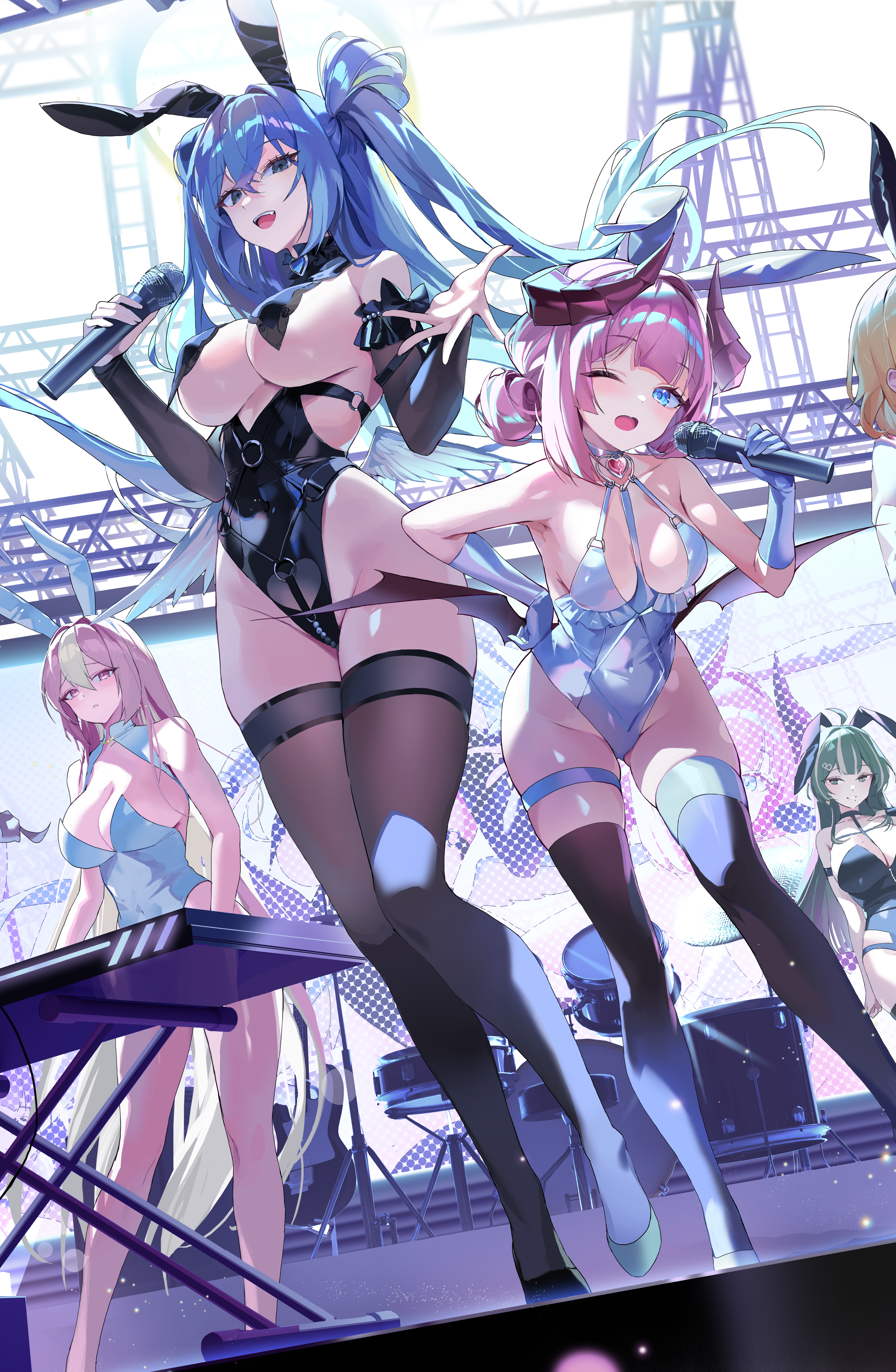 choyeon, original, absurdres, commentary request, highres, korean commentary, 5girls, animal ears, bare legs, bare shoulders, black leotard, blue eyes, blue hair, breast curtains, breasts, brown thighhighs, demon horns, detached sleeves, fake animal ears, floating hair, highleg, highleg leotard, holding, holding microphone, horns, large breasts, leotard, long hair, long sleeves, looking at viewer, microphone, multiple girls, one eye closed, open mouth, pink hair, playboy bunny, rabbit ears, smile, standing, thighhighs, thighs, two side up, very long hair, white leotard