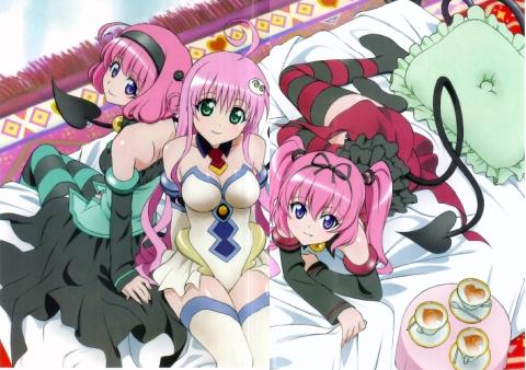 lala satalin deviluke, momo velia deviluke, nana asta deviluke, to love-ru, jpeg artifacts, lowres, bed, cup, green eyes, long hair, lying, pillow, pink hair, purple eyes, short hair, siblings, sisters, sitting, tail, tea, tea set