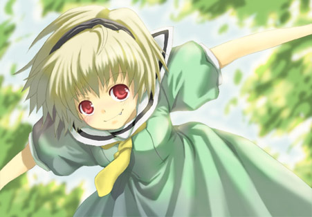 houjou satoko, higurashi no naku koro ni, lowres, non-web source, 00s, blonde hair, dress, fang, pantyhose, red eyes, sailor dress, short hair, solo