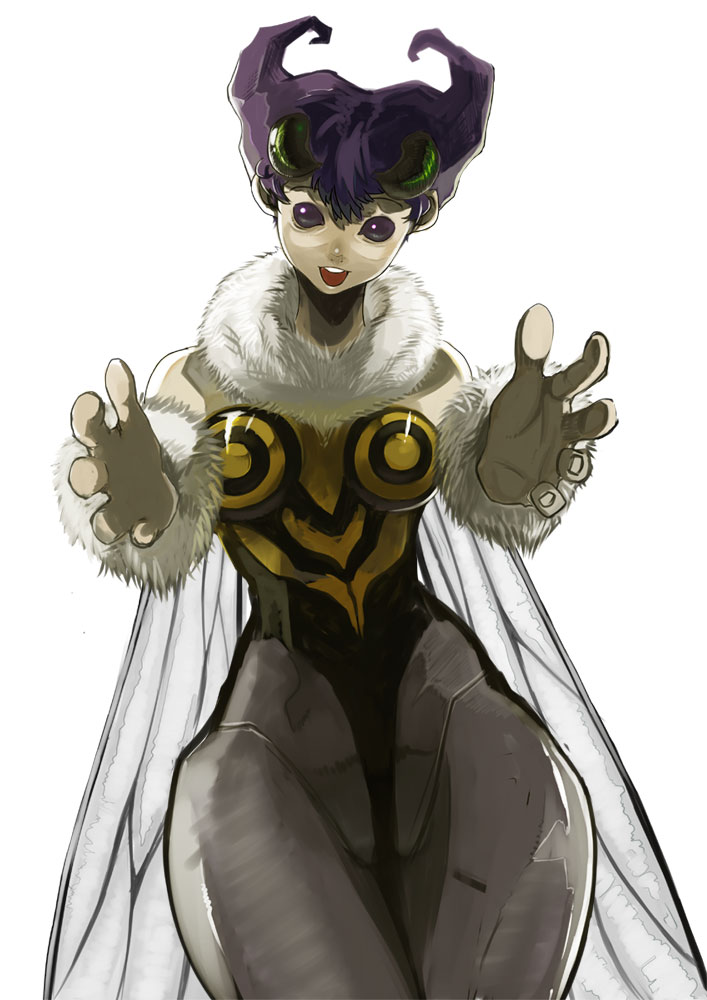 natsume (tsu-na), q-bee, capcom, darkstalkers, 1girl, antennae, arthropod girl, bee, bee girl, black eyes, bug, female focus, hip focus, insect, insect girl, monster girl, pantyhose, purple hair, short hair, simple background, solid eyes, solo, wide hips, wings, you gonna get raped