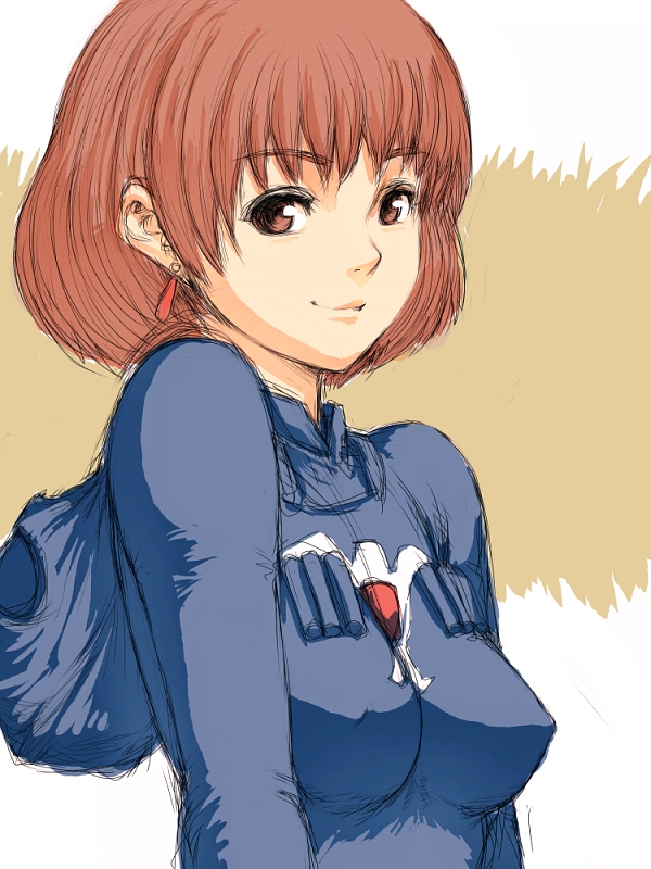 fumio (rsqkr), nausicaa, kaze no tani no nausicaa, studio ghibli, 1980s (style), 1girl, breasts, covered erect nipples, earrings, female focus, gas mask, impossible clothes, impossible shirt, jewelry, mask, matching hair/eyes, oldschool, orange eyes, orange hair, retro artstyle, shirt, short hair, smile, solo
