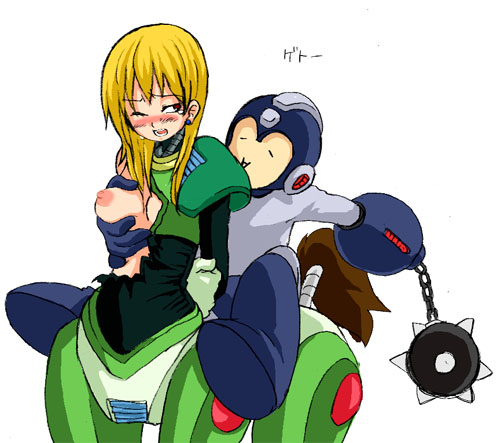 hmisao, centaur man, mega man (character), capcom, mega man (classic), mega man (series), mega man 6, blue headwear, lowres, 1girl, blush, breasts, genderswap, genderswap (mtf), grabbing another's breast, groping, mace, medium breasts, nipples, red eyes, simple background, tears, weapon, white background