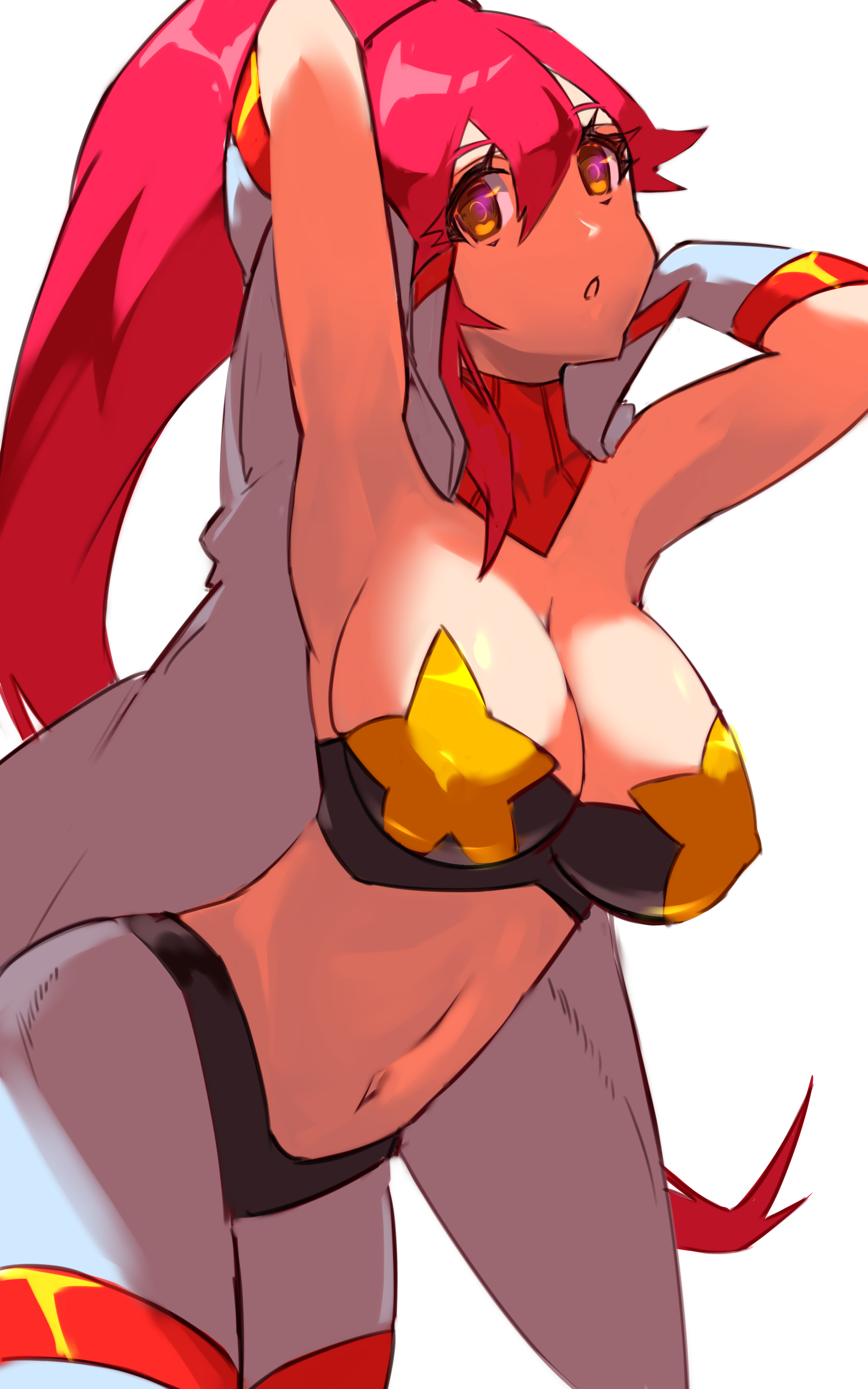 ura dora, space yoko, yoko littner, tengen toppa gurren lagann, absurdres, commentary request, highres, 1girl, breasts, cape, cleavage, cowboy shot, gloves, large breasts, long hair, looking at viewer, midriff, navel, parted lips, ponytail, red hair, simple background, solo, star (symbol), strapless, tube top, very long hair, white background, white cape, white gloves, yellow eyes