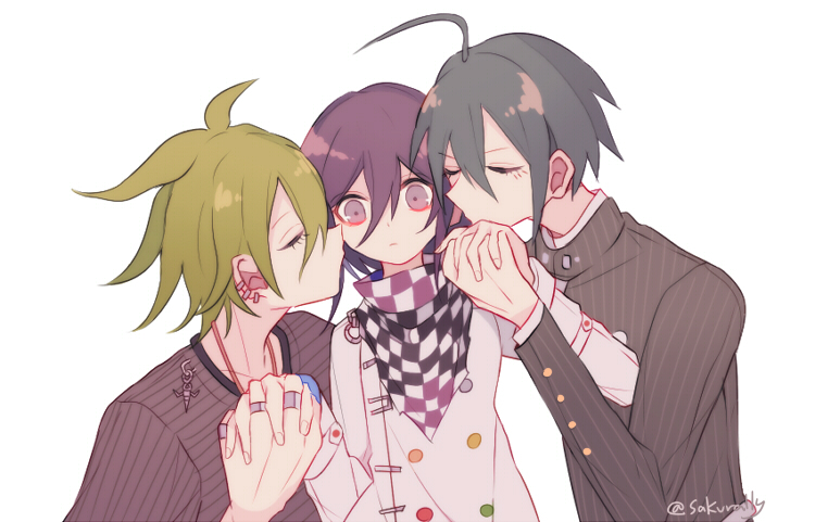 sakura (fein5862817), amami rantaro, oma kokichi, saihara shuichi, danganronpa (series), danganronpa v3: killing harmony, commentary request, 3boys, aegyo sal, ahoge, antenna hair, aqua hair, belt, black jacket, black scarf, boy sandwich, brooch, buttons, chain, checkered clothes, checkered scarf, closed mouth, collared jacket, dot nose, double-breasted, ear piercing, expressionless, green hair, grey shirt, hair between eyes, height difference, high collar, holding hands, interlocked fingers, jacket, jewelry, kiss, kissing cheek, leaning forward, light frown, long eyelashes, long hair between eyes, long sleeves, male focus, messy hair, multicolored buttons, multiple boys, multiple piercings, piercing, pinstripe jacket, pinstripe pattern, pointy nose, purple eyes, purple hair, sandwiched, scarf, shirt, short hair, short sleeves, simple background, sleeve cuffs, striped clothes, striped shirt, twitter username, two-tone scarf, undershirt, upper body, vertical-striped sleeves, white background, white belt, white jacket, white scarf, wrist belt, yaoi