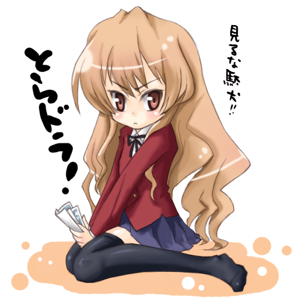tane, aisaka taiga, toradora!, bad id, bad pixiv id, translation request, 00s, brown eyes, brown hair, kneeling, long hair, school uniform, solo, thighhighs