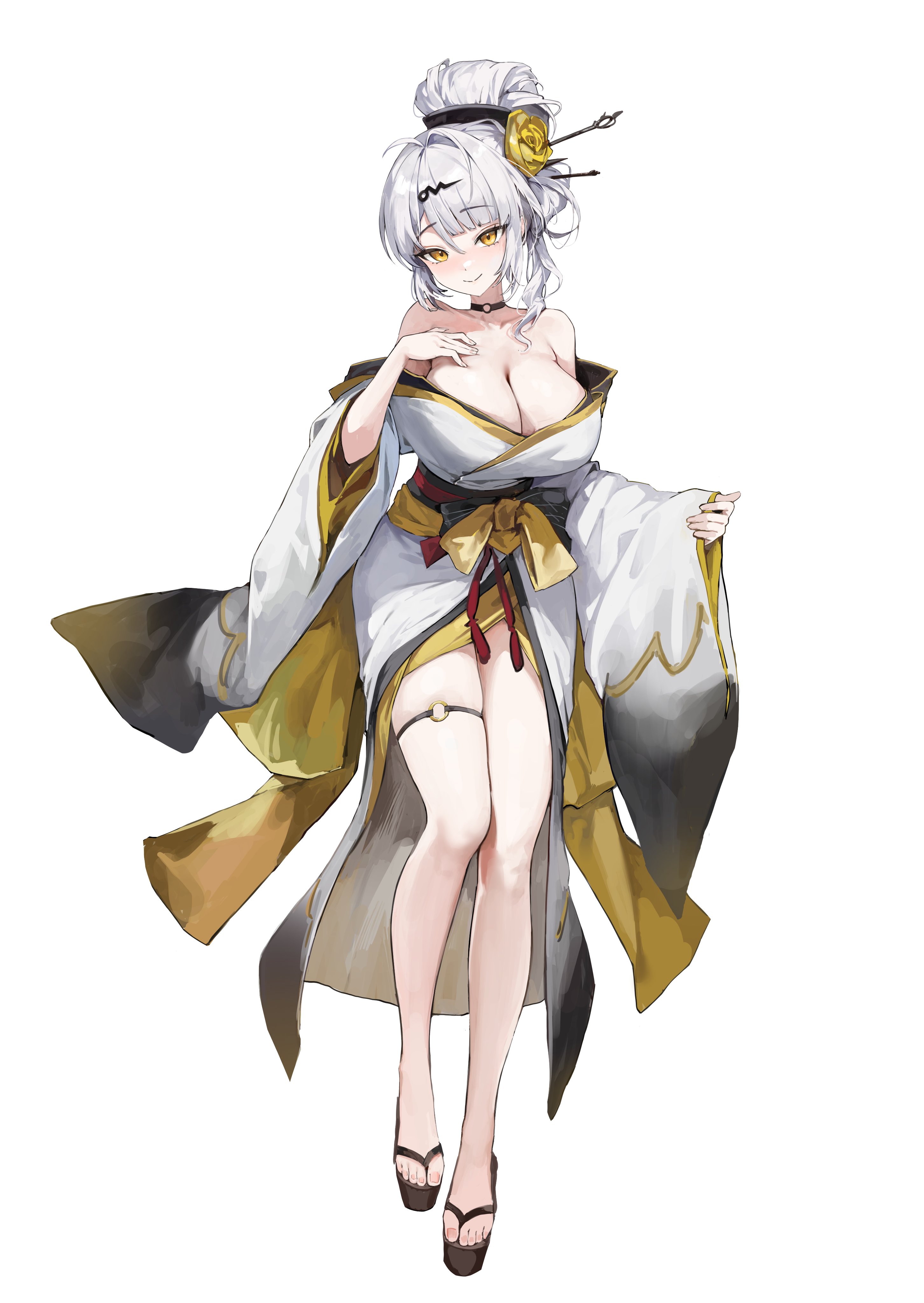 lillly, yixuan (zenless zone zero), zenless zone zero, absurdres, commentary, highres, symbol-only commentary, 1girl, ahoge, alternate costume, alternate hairstyle, bare legs, bare shoulders, blush, breasts, choker, cleavage, closed mouth, collarbone, flower, full body, hair flower, hair ornament, hand on own chest, huge breasts, japanese clothes, kimono, legs, long sleeves, looking at viewer, o-ring, o-ring choker, o-ring thigh strap, off shoulder, sandals, sidelocks, simple background, single hair intake, smile, solo, thigh strap, thighs, toes, white background, white kimono, yellow flower