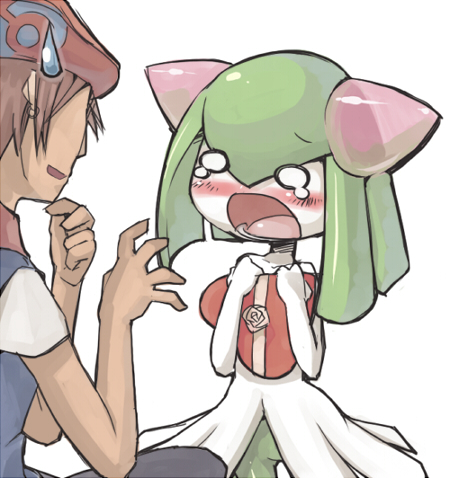 masha, kirlia, lucas (pokemon), nintendo, pokemon, pokemon dppt, lowres, md5 mismatch, 00s, 1boy, :o, blush, d:, gen 3 pokemon, open mouth, pokemon (creature), sweatdrop, tears, twintails, valentine