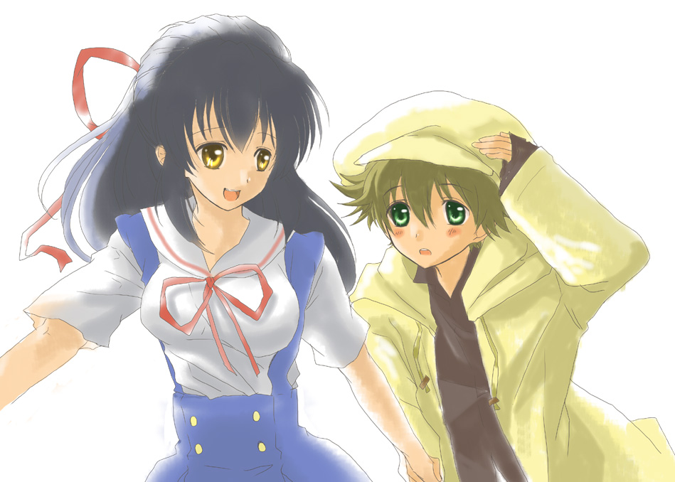 endou soruto, sagara misae, shima katsuki, clannad, bad id, bad pixiv id, 00s, beret, blonde hair, blue hair, green eyes, hat, holding hands, long hair, newsboy cap, school uniform, short hair, yellow eyes