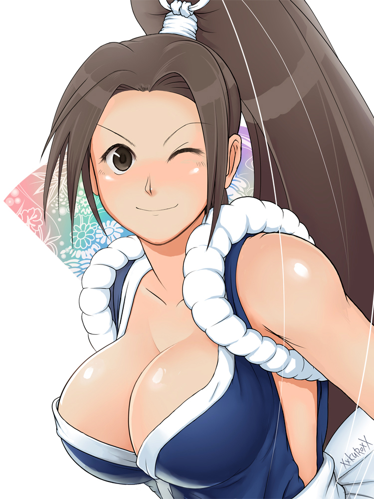 kuro (pixiv122395), xxkuroxx, shiranui mai, fatal fury, snk, the king of fighters, bad id, bad pixiv id, 1girl, breasts, brown eyes, brown hair, female focus, large breasts, long hair, one eye closed, ponytail, smile, solo, wink
