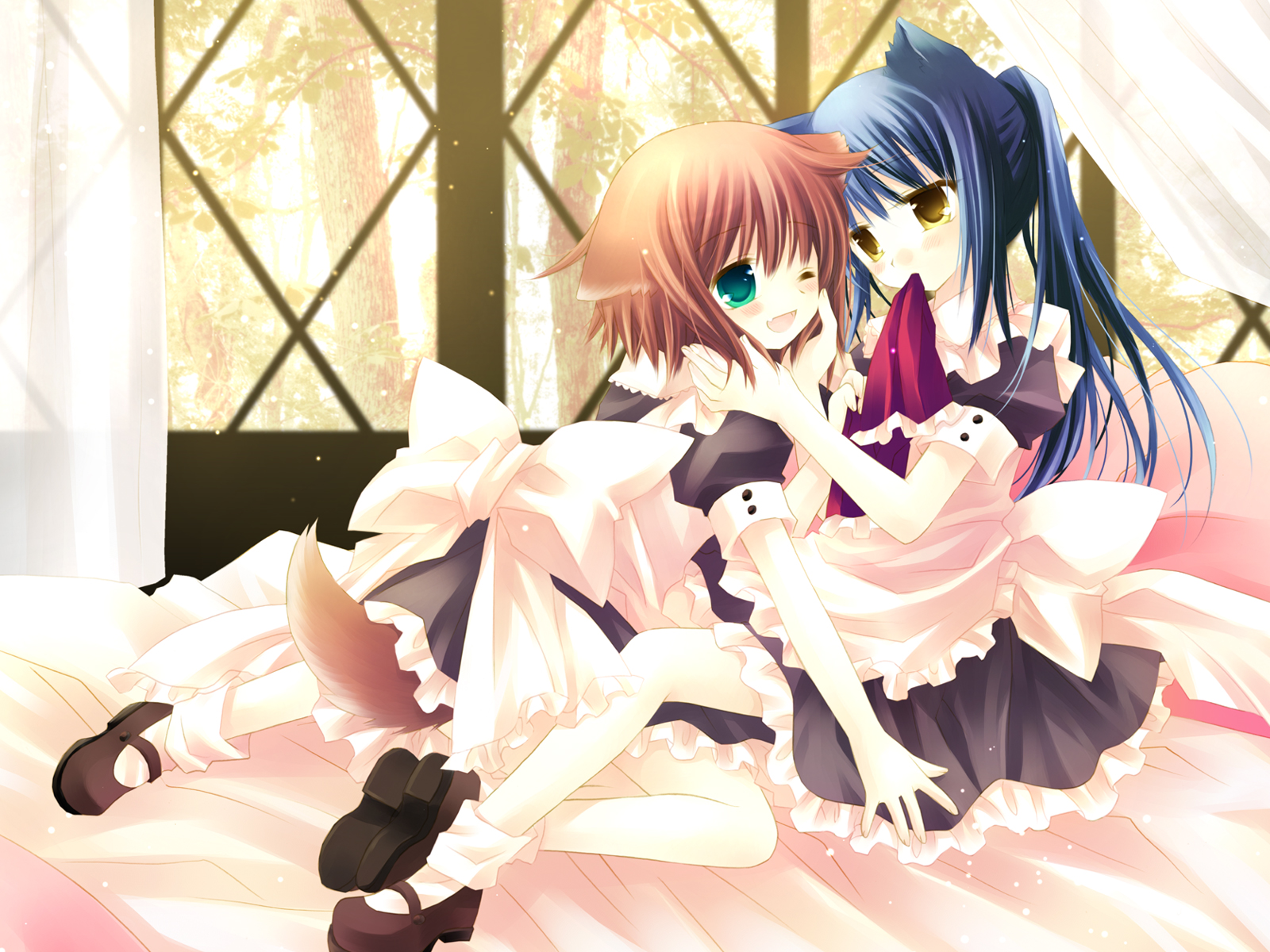 sakurazawa izumi, highres, 2girls, alternate costume, animal ears, bed, blue hair, brown hair, enmaided, green eyes, maid, multiple girls, tail, yellow eyes
