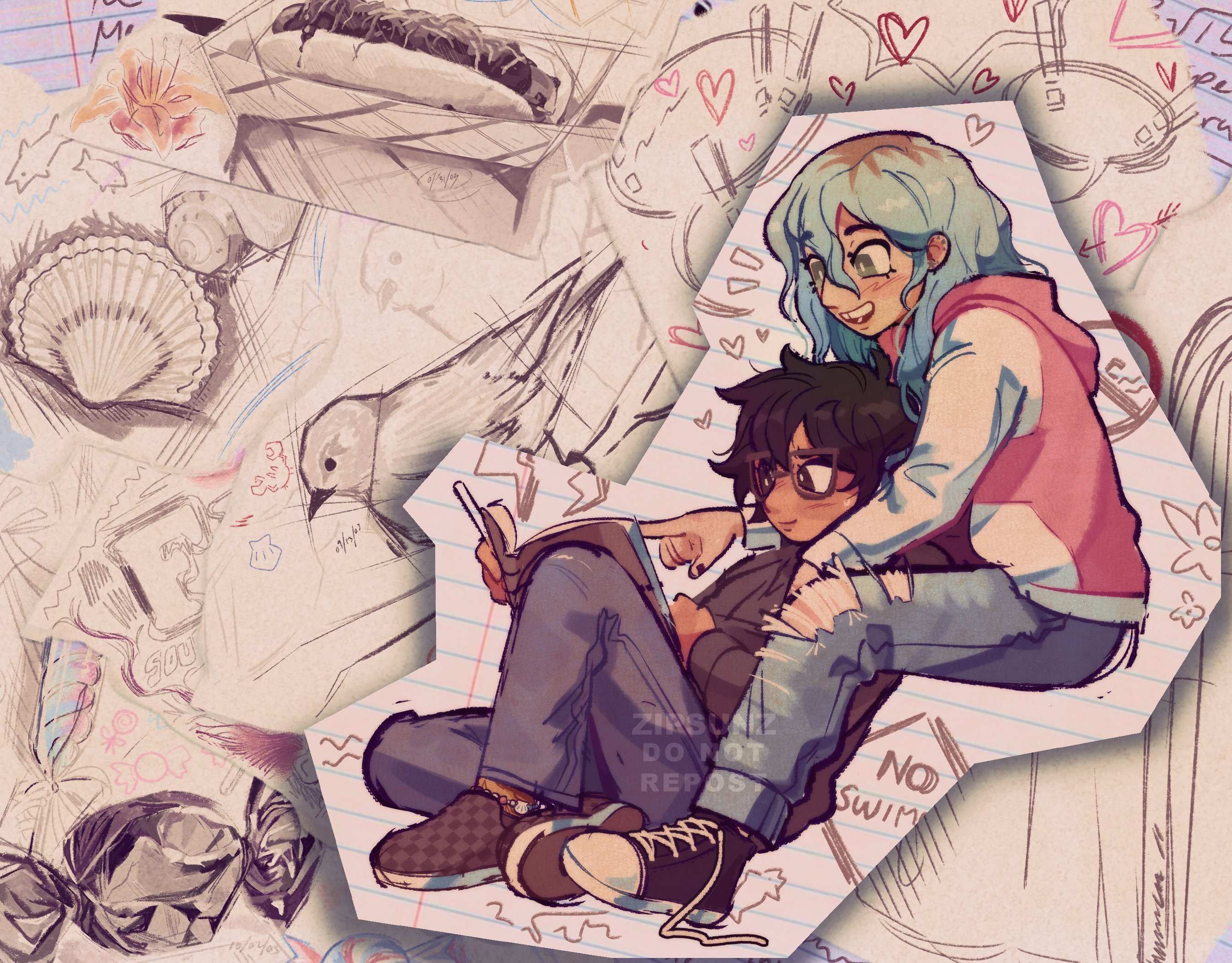 zipsunz, cris (omori), mincy (omori), omori, commentary, english commentary, highres, !, !!, 2girls, :d, animal, anklet, antenna hair, artist name, bead anklet, beads, bird, black-framed eyewear, black eyes, black hair, black hoodie, black nails, black shoes, blank speech bubble, blue hair, blue pants, book, bright pupils, brown hair, candy, closed mouth, dark-skinned female, dark skin, denim, double-parted bangs, film grain, food, full body, glasses, green eyes, grey pants, hair between eyes, hair over shoulder, head between thighs, heart, holding, holding book, hood, hood down, hoodie, hot dog, invisible chair, jeans, jewelry, knee up, lightning bolt symbol, long hair, multicolored hair, multiple girls, nail polish, notice lines, open book, open mouth, outline, pants, photo background, pink hoodie, pocket, pointing, raglan sleeves, reading, rectangular eyewear, roots (hair), seashell, shell, shoelaces, shoes, short hair, simple background, sitting, smile, speech bubble, sweatdrop, teeth, tooth gap, torn clothes, torn jeans, torn pants, two-tone hair, two-tone hoodie, upper teeth only, watermark, white hoodie, white outline, white pupils, wrapped candy, yuri