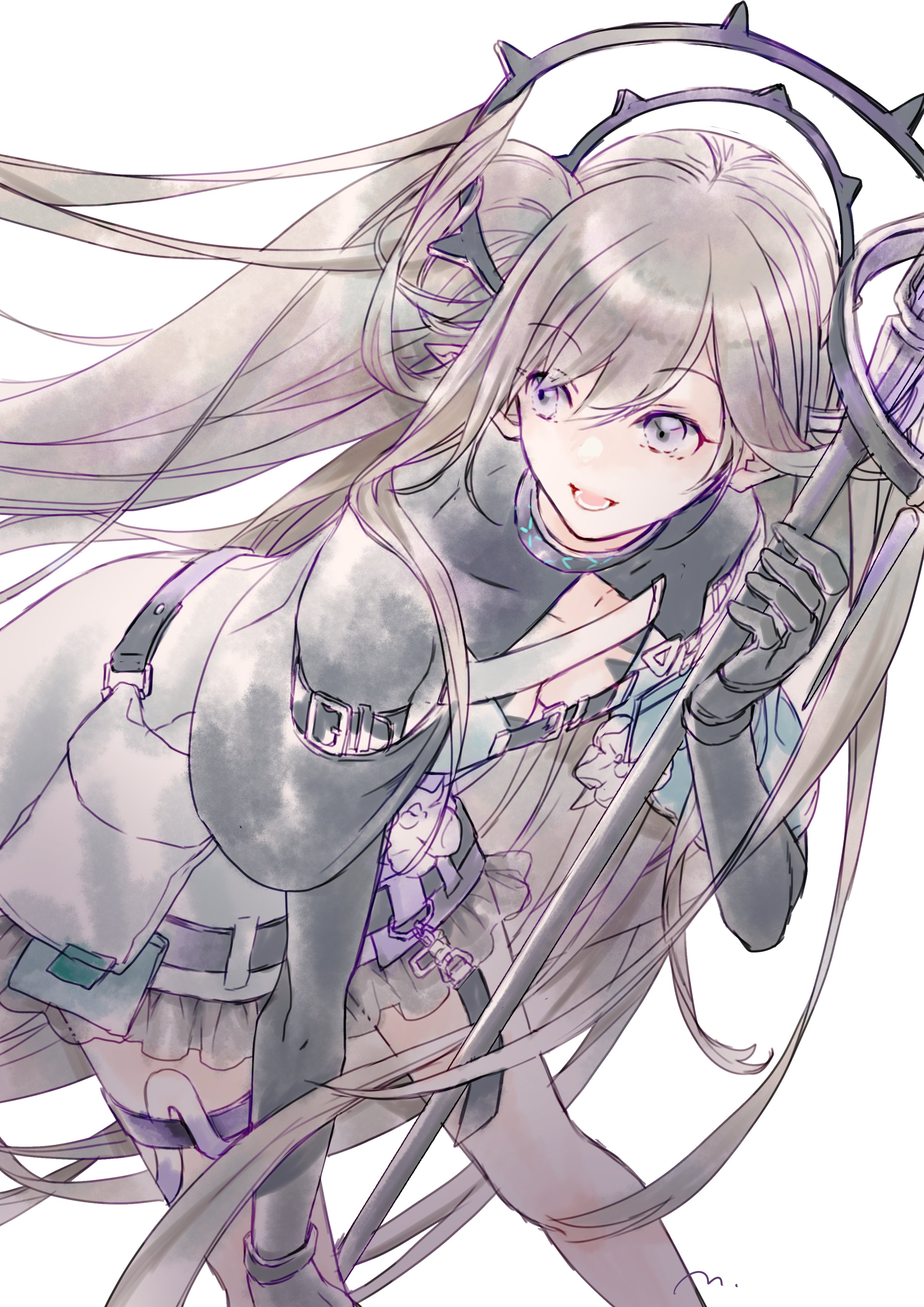 maki-no, indigo (arknights), arknights, absurdres, highres, 1girl, black gloves, blonde hair, breasts, clothing cutout, dress, floating hair, gloves, hair between eyes, hair ornament, hair spread out, hand on own thigh, hand up, holding, holding staff, leaning forward, long hair, looking to the side, medium breasts, open mouth, pointy ears, purple eyes, shrug (clothing), simple background, smile, snake tail, solo, staff, tail, teeth, thigh strap, very long hair, vial, white background