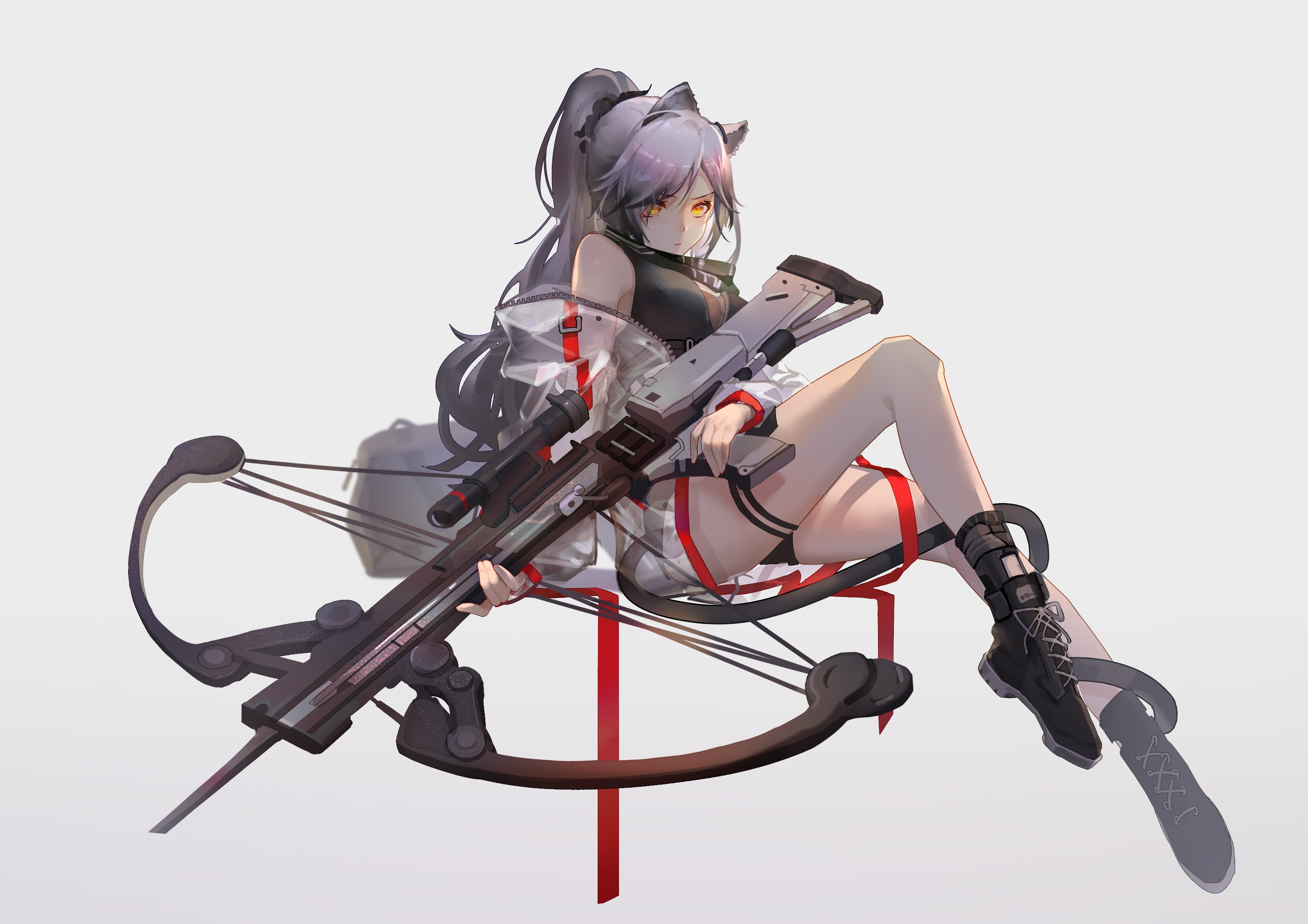 huan zi bu cheng, schwarz (arknights), arknights, chinese commentary, commentary, commentary request, english commentary, highres, mixed-language commentary, 1girl, animal ears, bare shoulders, black shoes, bow (weapon), breasts, cat ears, cat girl, cat tail, closed mouth, crop top, crossbow, full body, grey hair, gun, high ponytail, holding, holding gun, holding weapon, invisible chair, jacket, knee up, large breasts, long hair, long sleeves, looking at viewer, open clothes, open jacket, ponytail, rifle, see-through clothes, see-through jacket, shoes, simple background, sitting, sniper rifle, solo, tail, thigh strap, v-shaped eyebrows, weapon, white background, white jacket, yellow eyes