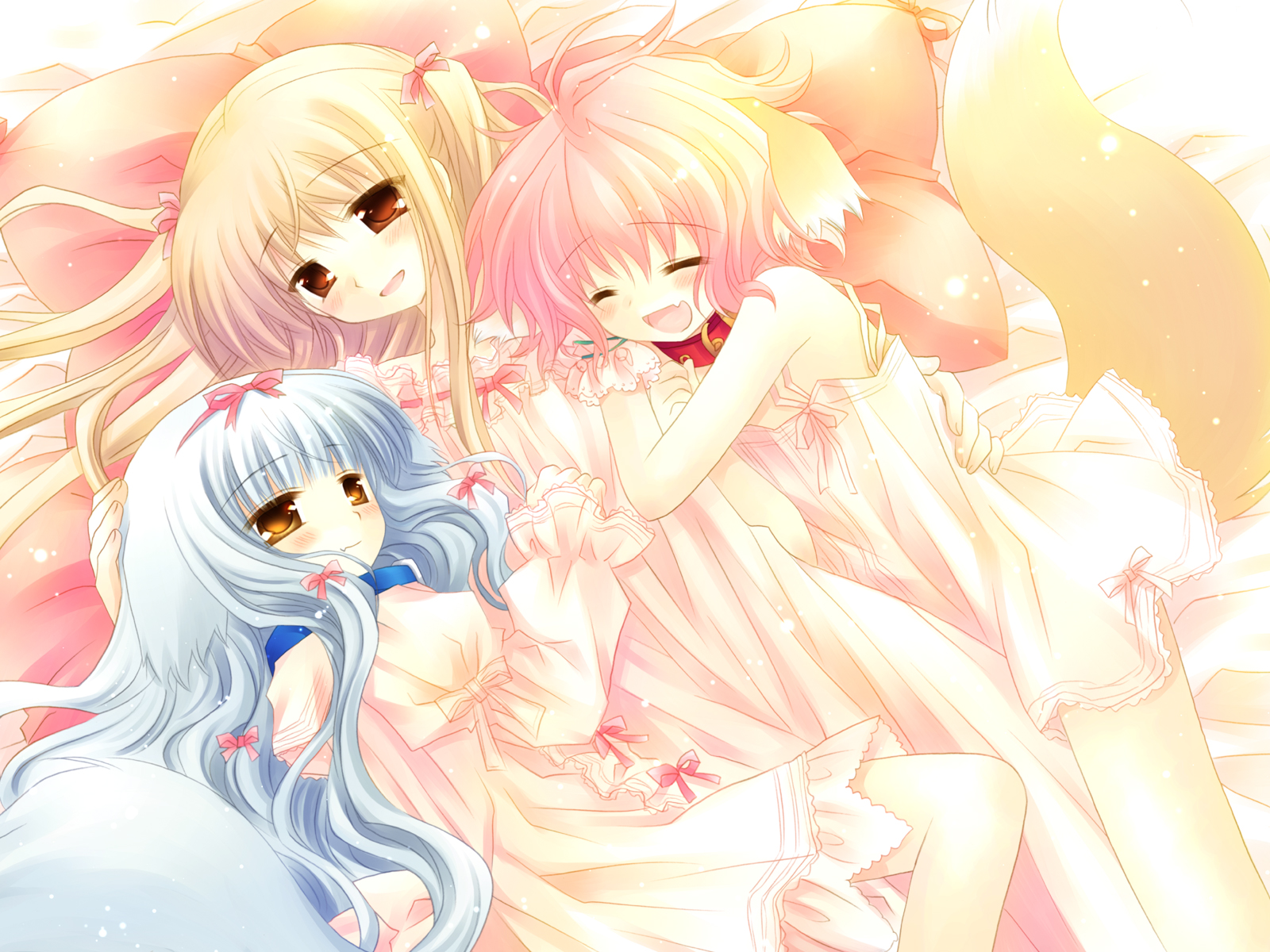 sakurazawa izumi, lily (wanko to lily), touko (wanko to lily), wanko, wanko (wanko to lily), wanko to lily, hand on head, highres, 3girls, animal ears, bed, blonde hair, blue hair, blush, brown eyes, closed eyes, collar, dress, fang, girl sandwich, hair ribbon, hairband, hug, long hair, lying, multiple girls, on back, on side, pillow, pink hair, red eyes, ribbon, sandwiched, short hair, smile, tail, very long hair, white hair, yellow eyes