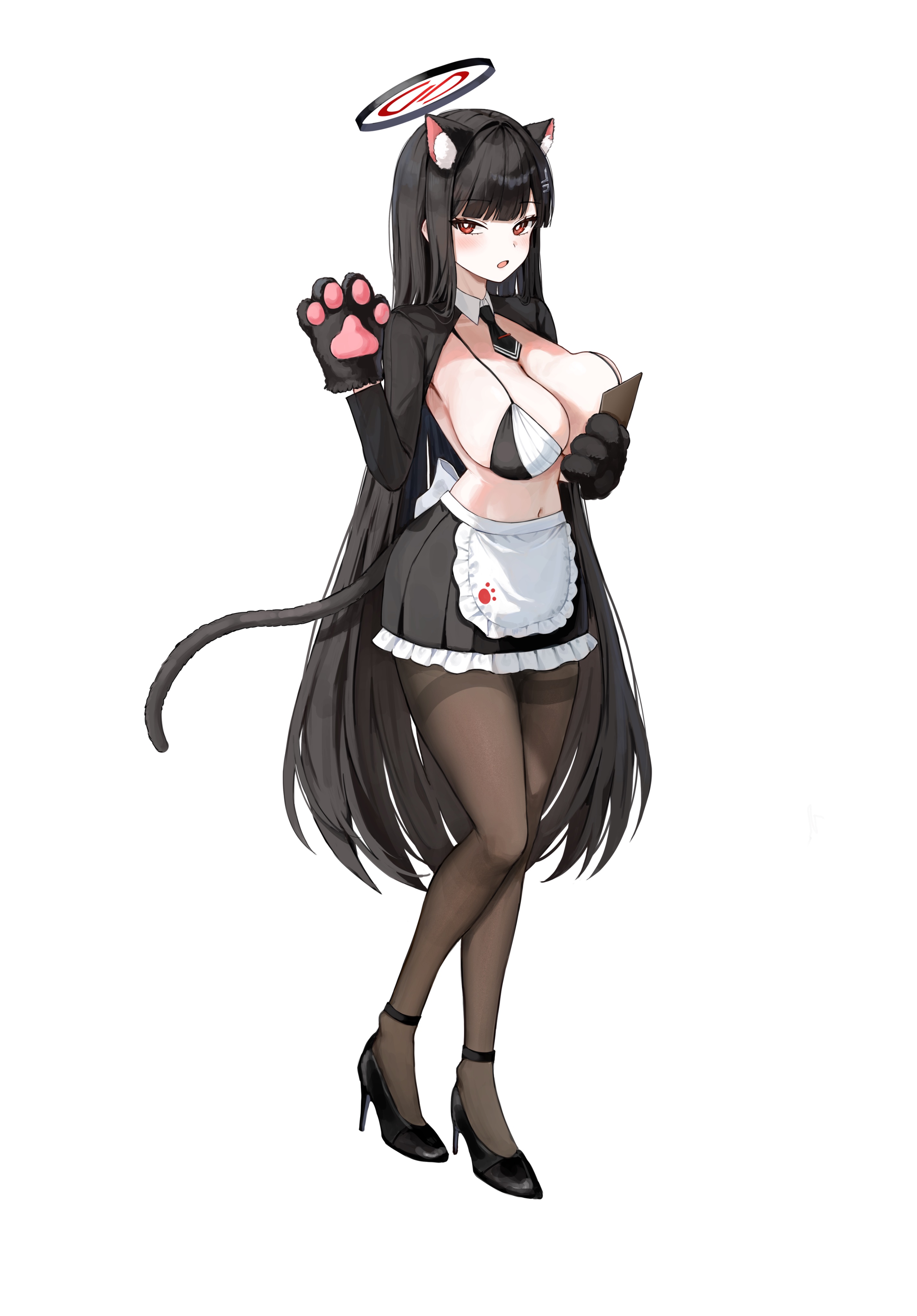 ponya 0000, rio (blue archive), blue archive, absurdres, commentary request, highres, 1girl, :o, alternate costume, animal ear fluff, animal ears, animal hands, apron, black gloves, black hair, black halo, black necktie, black pantyhose, black shoes, black shrug, black skirt, black tail, blush, breasts, cat ears, cat tail, cleavage, frilled apron, frills, full body, gloves, halo, high heels, holding, kemonomimi mode, large breasts, long hair, looking at viewer, multicolored halo, navel, necktie, pantyhose, paw gloves, red eyes, red halo, shoes, shrug (clothing), skirt, solo, standing, stomach, tail, two-tone halo, very long hair, waist apron, white apron