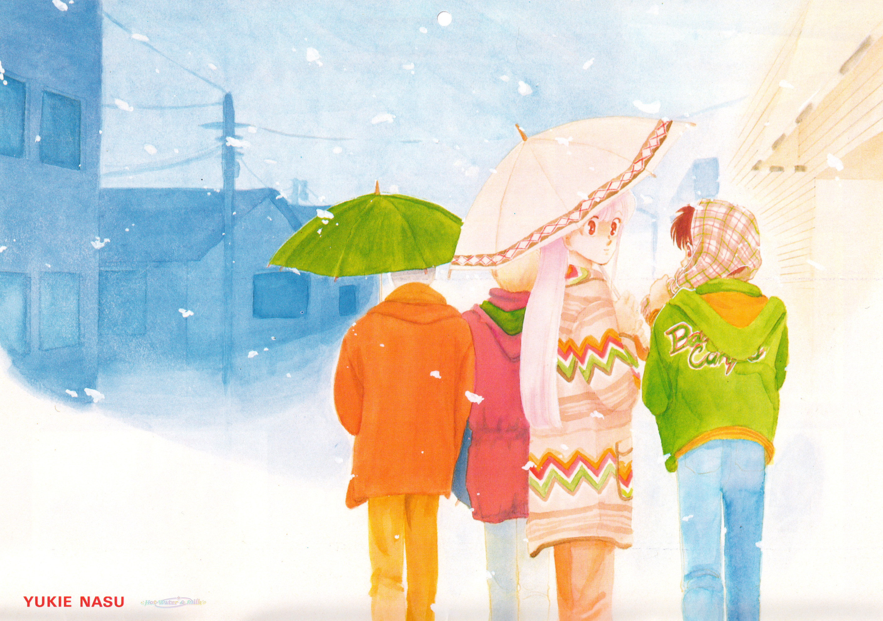 hasukawa kazuya, ikeda mitsuru, kisaragi shun, tezuka shinobu, koko wa greenwood, highres, official art, scan, third-party source, 4boys, androgynous, brown eyes, coat, green coat, green umbrella, holding, holding umbrella, long hair, long sleeves, looking back, male focus, multiple boys, orange coat, outdoors, pink hair, pink umbrella, red coat, red eyes, snow, umbrella, winter, yuki nasu