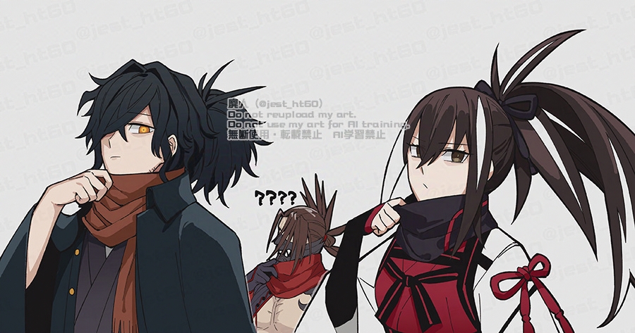 jest ht90, kawakami gensai (fate), okada izou (fate), tanaka shinbei (fate), fate/grand order, fate (series), 1girl, 2boys, black eyes, black hair, brown hair, japanese clothes, long hair, looking at viewer, mask, mouth mask, multicolored hair, multiple boys, ponytail, scarf, short hair, white hair, yellow eyes