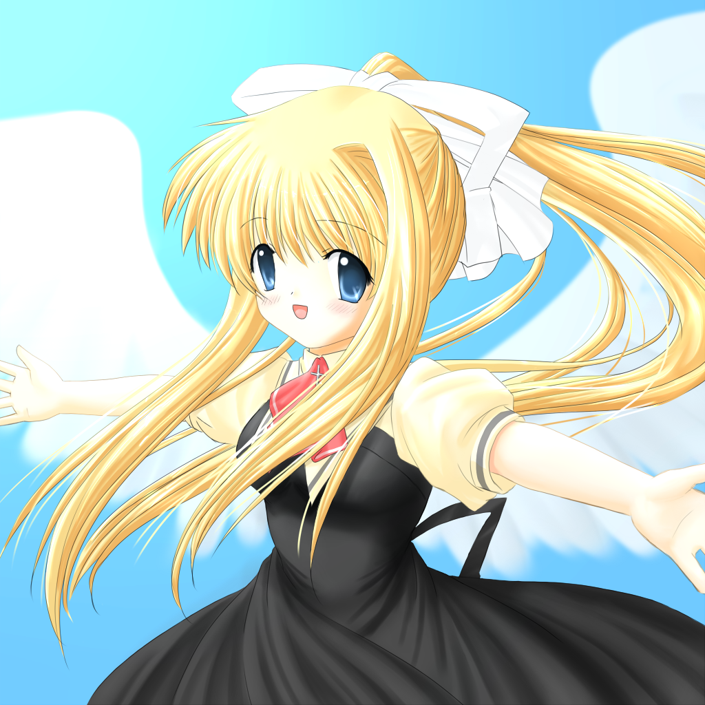 omochi, omochi (oekaki-san), kamio misuzu, air (visual novel), 00s, 1girl, blonde hair, blue eyes, female focus, long hair, ponytail, school uniform, solo, wings