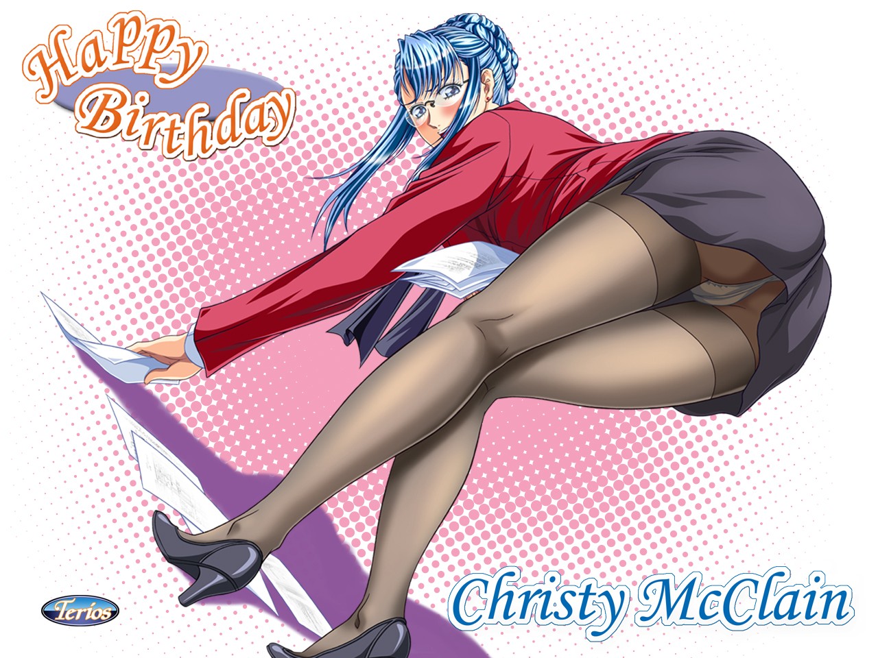 yokota mamoru, christy mcclain, elysion ~eien no sanctuary~, 1girl, ass, bent over, blue eyes, blue hair, blush, character name, dutch angle, elysion (game), female focus, formal clothes, glasses, hair bun, hair up, happy birthday, high heels, legs, long hair, looking back, matching hair/eyes, miniskirt, panties, panties under pantyhose, pantyhose, pantyshot, paper, pencil skirt, shoes, single hair bun, skirt, skirt suit, solo, suit, teacher, thighband pantyhose, underwear, upskirt, white panties