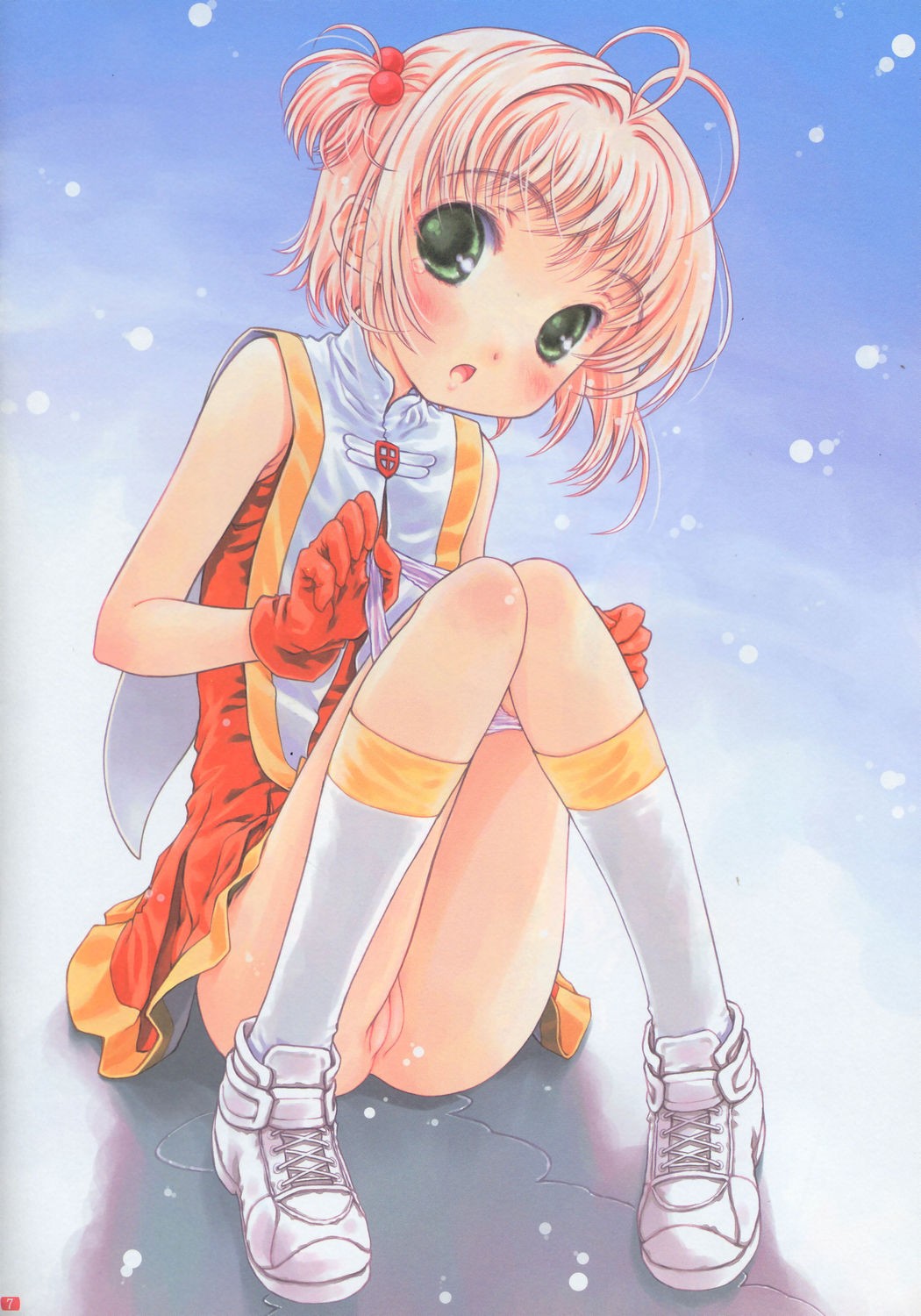 focke wulf, kinomoto sakura, cardcaptor sakura, highres, 1990s (style), 1girl, ahoge, blush, brown hair, cleft of venus, female focus, flat chest, full body, gloves, green eyes, hair bobbles, hair ornament, kneehighs, loli, open mouth, panties, panty pull, pink hair, pussy, red gloves, retro artstyle, shoes, short hair, sneakers, socks, solo, tears, uncensored, underwear