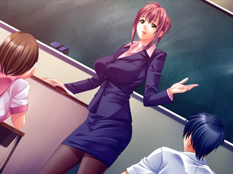 tatsunami youtoku, yamanami minaho, tappun oneecher, game cg, 1boy, 2girls, blue hair, board eraser, breasts, brown hair, chalkboard, classroom, dutch angle, formal clothes, green eyes, indoors, jacket, large breasts, miniskirt, multiple girls, pantyhose, pencil skirt, red hair, school, school uniform, sitting, skirt, skirt suit, solo focus, standing, suit, teacher