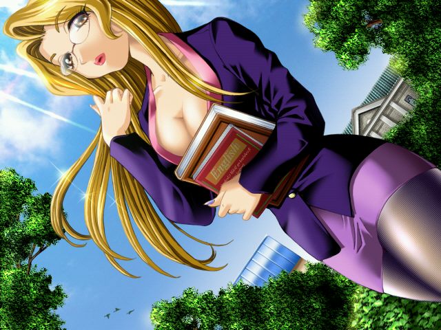 the seiji, kagaya satoko, deep zone, yuuhei (d'z), game cg, 1girl, blonde hair, book, breasts, brown eyes, cleavage, cloud, day, dutch angle, female focus, glasses, large breasts, long hair, outdoors, pantyhose, sky, solo