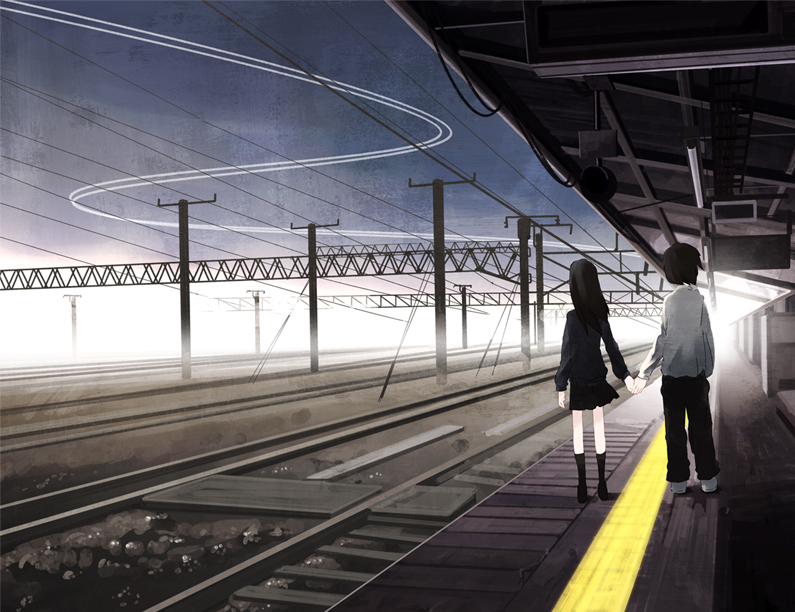 inaba taiju, original, bad id, bad pixiv id, 1boy, 1girl, black hair, hetero, holding hands, long hair, overhead line, power lines, railroad tracks, train station