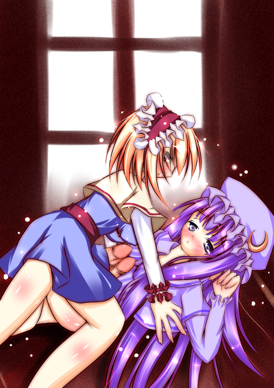 null (pixiv18004), alice margatroid, patchouli knowledge, touhou, 2futa, blonde hair, blush, futa with futa, futanari, hat, multicolored hair, multiple futa, multiple girls, orange hair, penis, penises touching, purple eyes, purple hair, straddling, uncensored, yuri