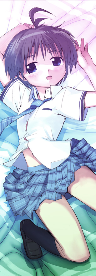 misagi nagu, kikuchi makoto, idolmaster, idolmaster (classic), 00s, 1girl, antenna hair, blue eyes, brown hair, female focus, flat chest, lying, navel, petite, rough time school, school uniform, short hair, skirt, solo