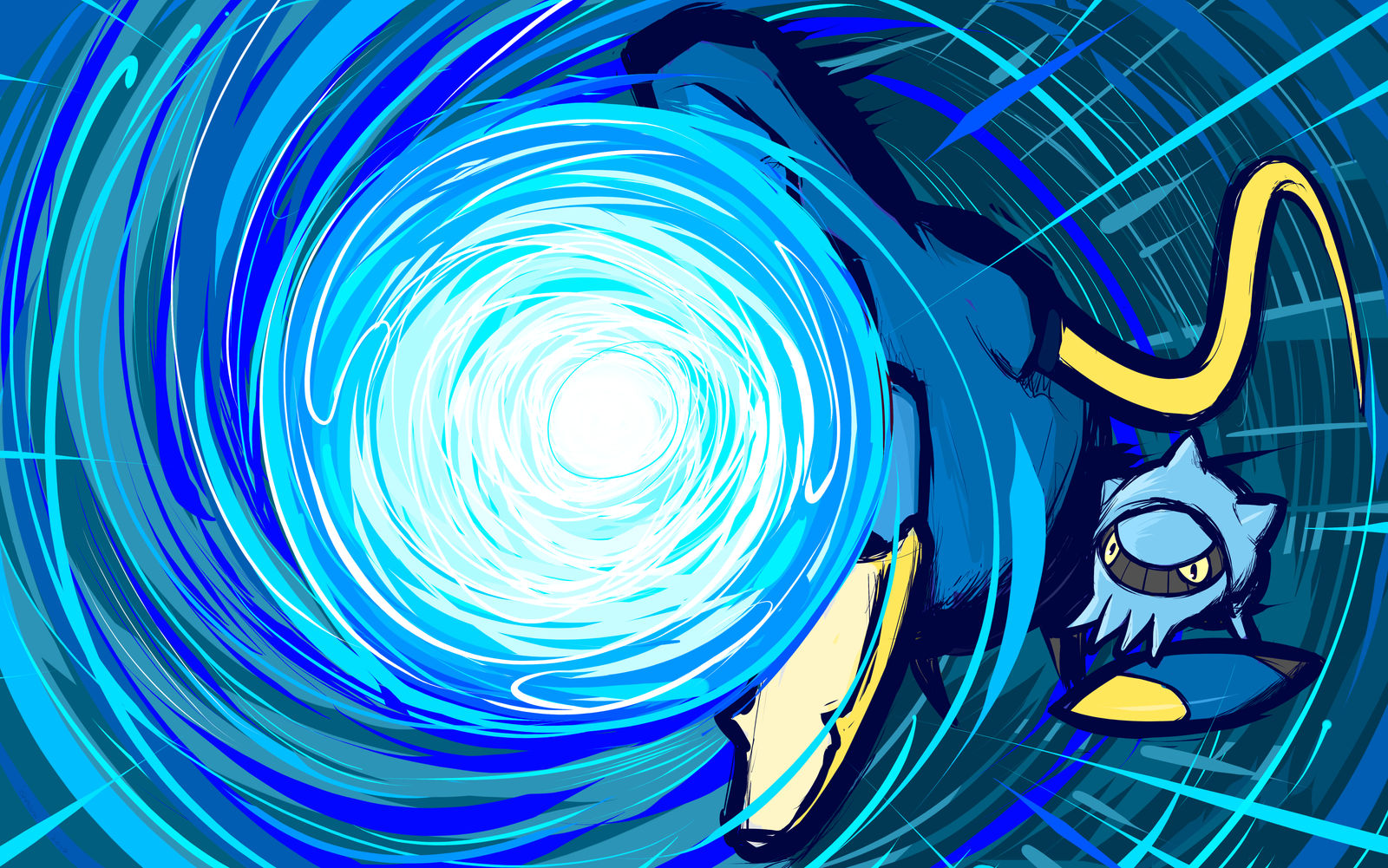 ishmam, clawitzer, nintendo, pokemon, commentary, commission, english commentary, highres, aura sphere (pokemon), energy ball, gen 6 pokemon, no humans, pokemon (creature), pokemon focus, pokemon move, solo