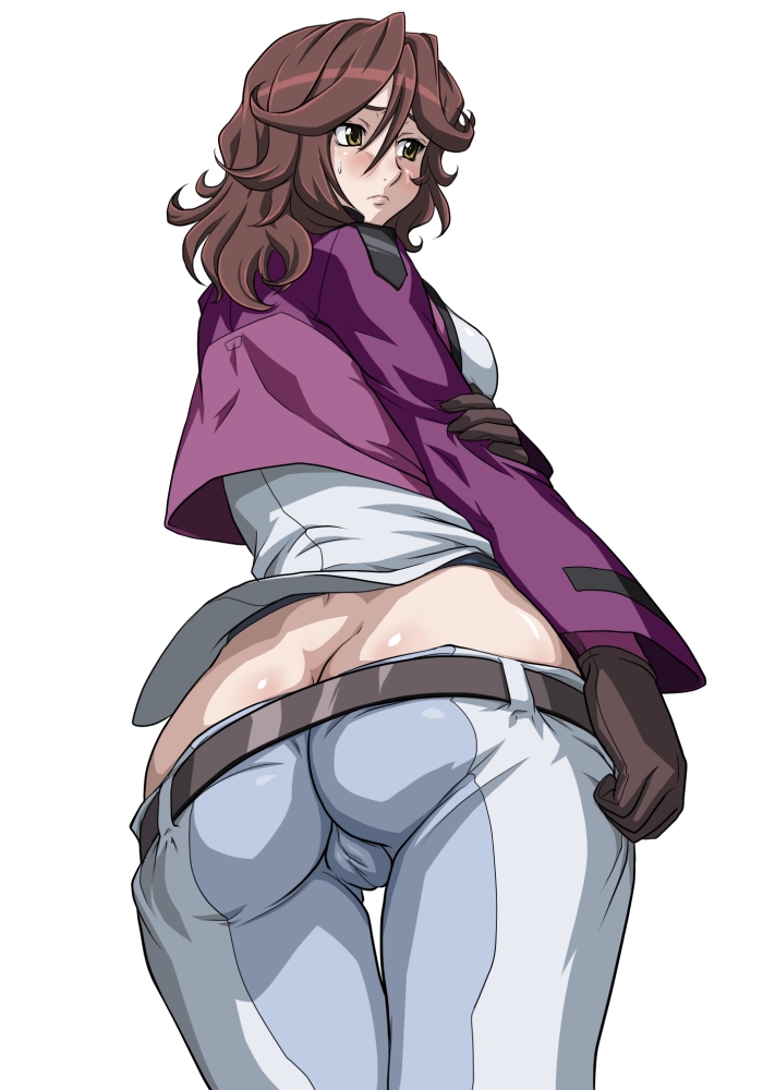 tofu (tf07px), sumeragi lee noriega, gundam, gundam 00, arm grab, bad id, bad pixiv id, 00s, 1girl, ass, belt, black gloves, blush, body blush, brown eyes, brown hair, butt crack, cameltoe, embarrassed, female focus, from behind, from below, frown, gloves, hand on own elbow, jacket, long hair, looking back, lowleg, military, military uniform, no panties, open clothes, open jacket, pants, simple background, skin tight, solo, standing, sweatdrop, thigh gap, thighs, wind, wind lift, yellow eyes