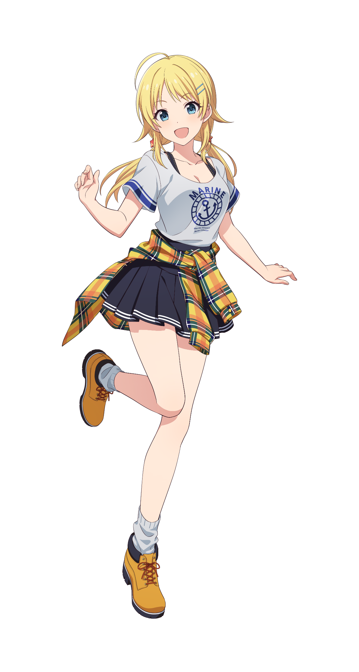 hachimiya meguru, idolmaster, idolmaster shiny colors, idolmaster tours, official art, 1girl, ahoge, anchor symbol, blonde hair, blue eyes, breasts, cleavage, clothes around waist, english text, full body, hair ornament, hairclip, low twintails, open mouth, shirt, skirt, solo, sweater, sweater around waist, t-shirt, transparent background, twintails