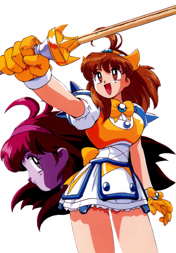 tsurugino mai, makeruna! makendo, non-web source, official art, 1990s (style), 1girl, antenna hair, brown eyes, brown hair, cowboy shot, dress, gloves, hairband, holding, holding sword, holding weapon, long hair, multiple views, open mouth, outstretched arm, profile, puffy short sleeves, puffy sleeves, retro artstyle, short dress, short sleeves, simple background, sword, weapon, white background, yellow gloves