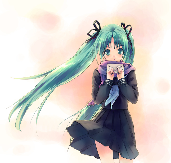 minamino kanata, hatsune miku, vocaloid, 1girl, female focus, green eyes, green hair, letter, long hair, love letter, matching hair/eyes, scarf, school uniform, serafuku, skirt, solo, twintails, wind