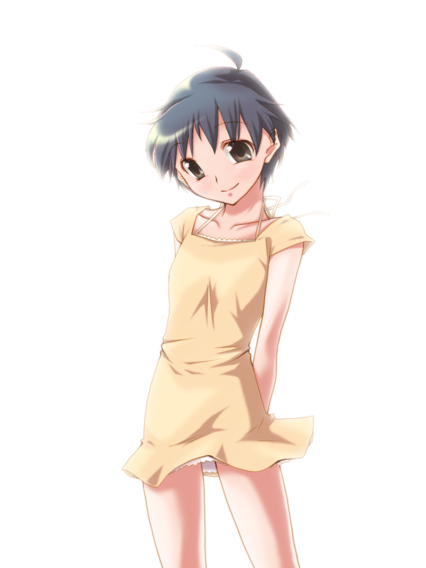 akasuga moyashi, moyasan, kikuchi makoto, idolmaster, idolmaster (classic), idolmaster 1, 00s, 1girl, ahoge, bare legs, black hair, blush, collarbone, cowboy shot, dress, female focus, head tilt, looking at viewer, short hair, simple background, smile, solo, standing, thighs, white background, yellow dress