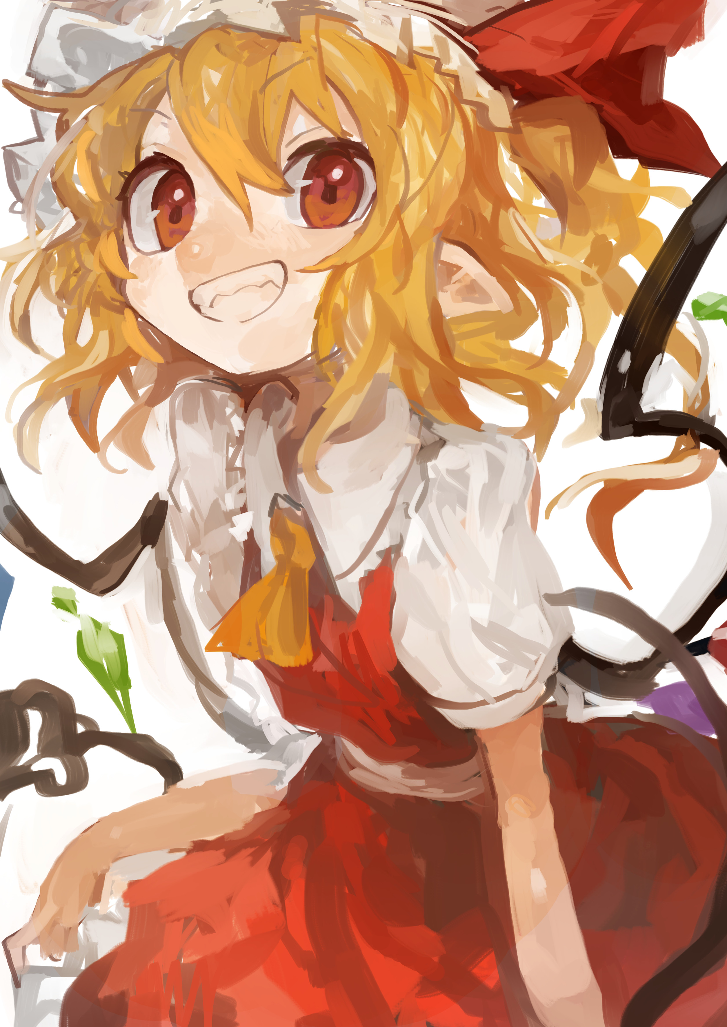 kaamin (mariarose753), flandre scarlet, touhou, absurdres, highres, painting (medium), traditional media, blonde hair, bow, crystal wings, curly hair, dress, fang, hat, mob cap, puffy sleeves, red dress, red eyes, ribbon, short sleeves, smile, wings